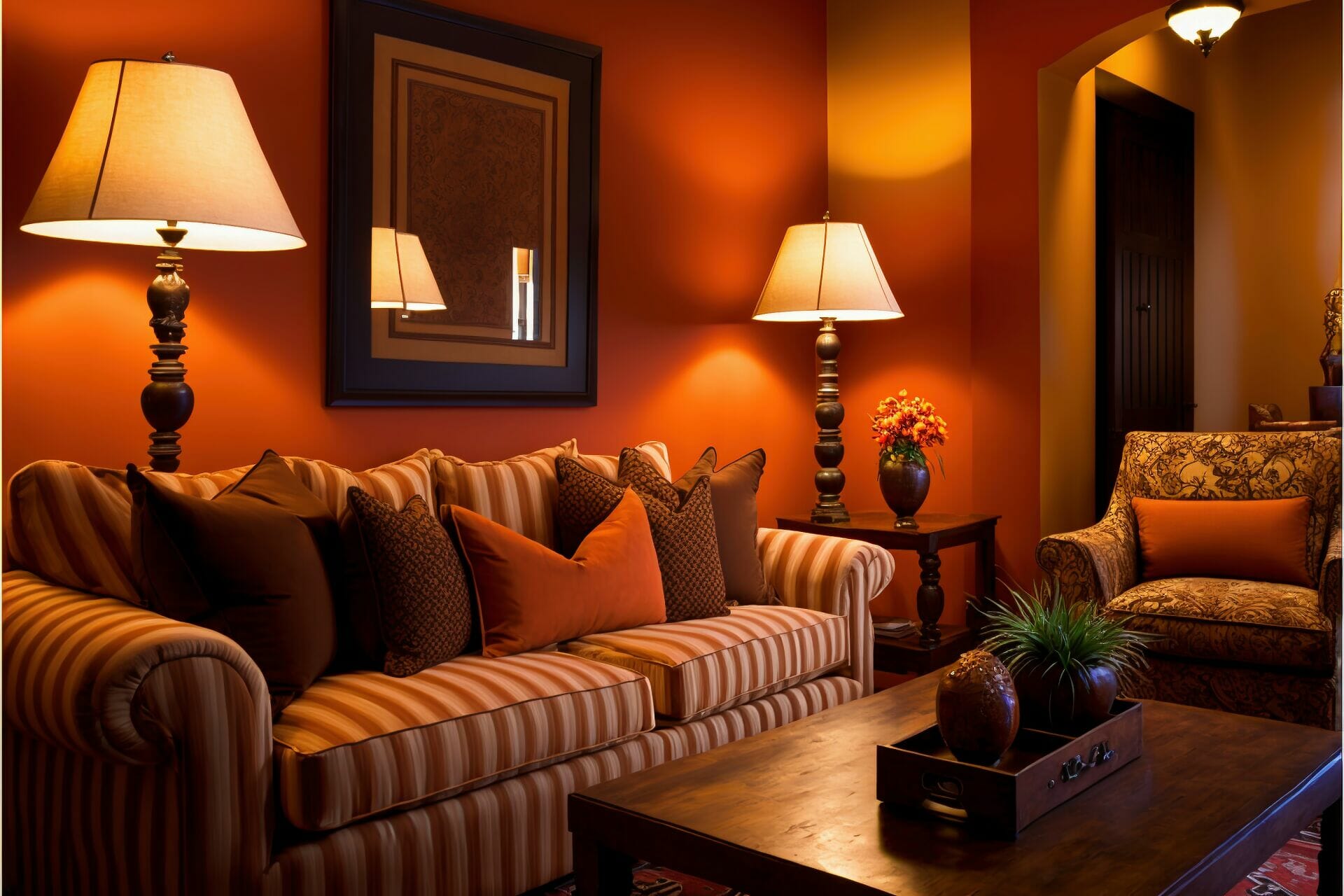 Living Room With Deep Orange Walls Illuminated By Led Lamps Upscale