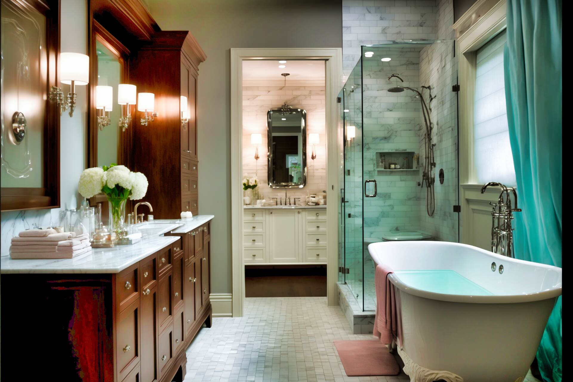 A Modern Bathroom With A Luxurious Feel. The Space Features A Freestanding Soaking Tub, A Large Walk-In Shower With A Rainfall Showerhead, And A Double Vanity With A Marble Countertop. The Floors Are A Dark Wood-Look Tile, And The Walls Are A Mix Of White Marble And Glass Subway Tile.