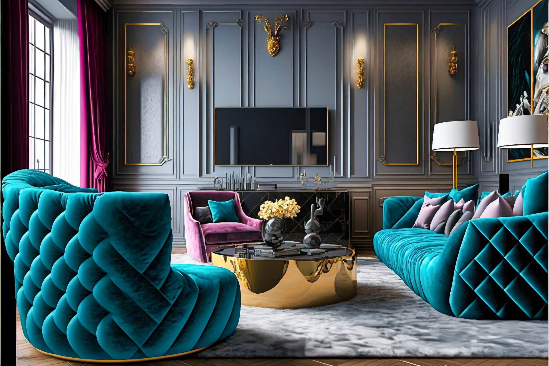 A Stunningly Luxurious Futuristic Living Room Made Up Of Deep Jewel Tones. The Center Of The Room Holds A Giant Flat-Screen Tv, With A Velvet-Tufted Wall Behind It. A Plush, Grey Armchair And A Velvet Sofa Provide Plenty Of Seating, With A Gold Coffee Table Completing The Look. A Richly Coloured Rug Adds Warmth And Texture. Gold Accents Throughout The Room Adds A Touch Of Glamour.