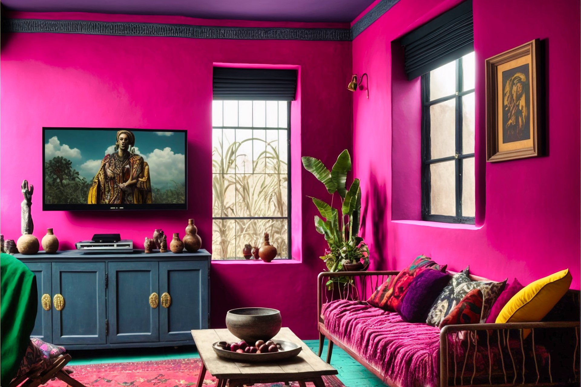Magenta Charcoal Bohemian Living Room