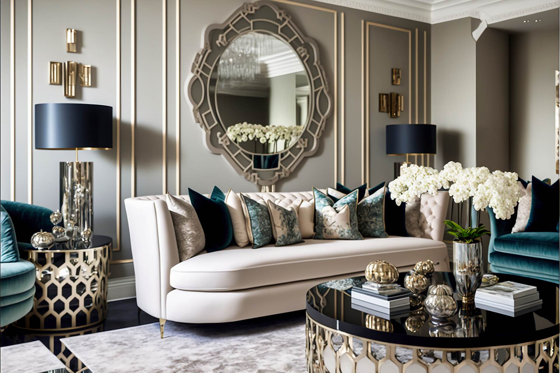 An Elaborate Art Deco Inspired Maximalist Living Room - An Incredible Blend Of Art Deco Style And Striking Maximalist Splendor Is Set Within This Luxurious Living Room. The Walls Are A Radiant Shade Of Dove Grey, The Perfect Canvas For Glimmering Mirrored Accents And Rounded Wall Scones. Set Atop The Marble-Pattern Carpet Lies An Expansive Cream Sofa With Ornately Patterned Cushions And Bolsters. An Extra Touch Of Lavishness Is Found In The Golden, Circular Coffee Table And The Larger Than Life Flat Screen Television Built Into The Wall. Every Inch Of This Magnificent Room Is As Majestic As It Is Unique.