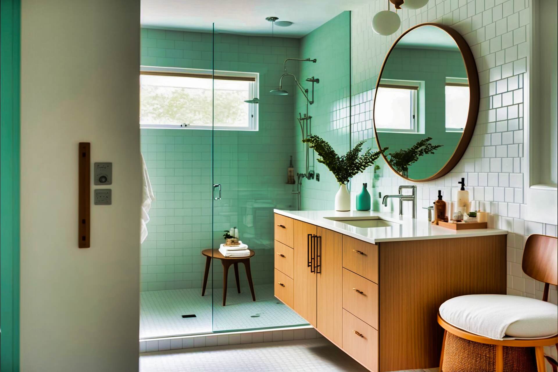 A Modern Bathroom With A Mid-Century Modern Aesthetic. The Space Features A Floating Vanity With A White Sink And A Large Round Mirror. The Shower Has A Glass Partition, A Rainfall Showerhead, And A Built-In Bench. The Floors Are A Light Wood-Look Tile, And The Walls Are White Subway Tile With A Black Accent Stripe.