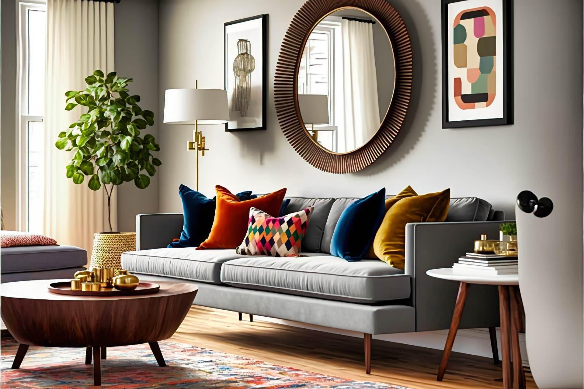 This Living Room Is Full Of Mid-Century Modern Style And Eclectic Art. The Sofa Is A Classic Grey Velvet, And There Is A Low-Slung Walnut Coffee Table. A Colorful Berber-Style Rug Adds Texture And A Vibrant Feel. A Round Mirror In A Wooden Frame Adds A Classic Mid-Century Modern Touch. There Are Several Pieces Of Art Hung On The Wall, Including A Vintage-Style Print And A Large Abstract Painting.
