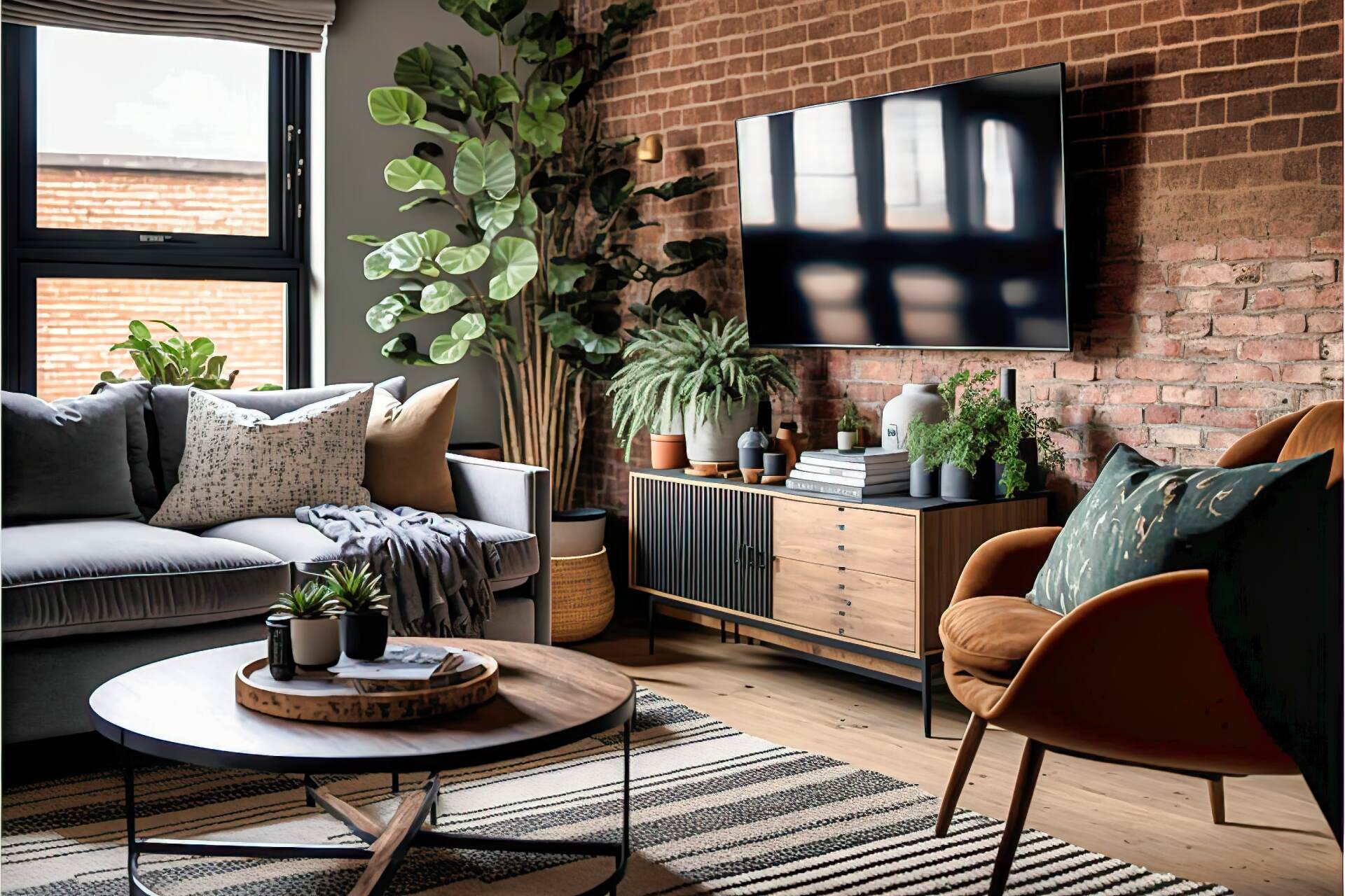 Picture A Living Room With Exposed Brick Walls And A Modern Industrial Feel. The Sofa Is A Contemporary Grey Velvet, With A Mid-Century Modern Coffee Table In Natural Wood With Black Metal Legs. A Round Side Table In A Darker Wood Is A Great Contrast, And Provides A Spot For A Tv. A Grey And Black Patterned Rug Grounds The Look And Pops Against The Brick Walls. A Wall Of Shelving Is Perfect For Displaying Books And Other Items.