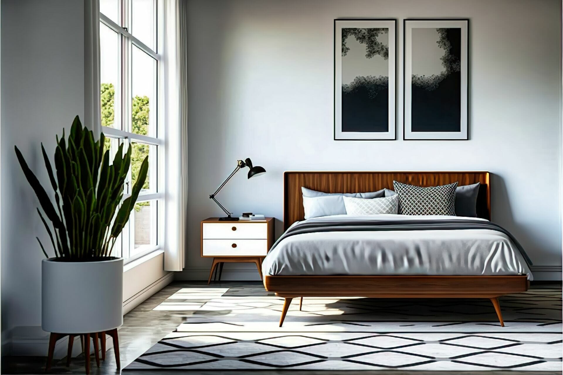 Mid-Century Modern Bedroom – A Sleek And Chic Modern Bedroom Featuring A Low-Profile Platform Bed With A Crisp White Headboard, A Simple Wooden Dresser, And A Geometric Patterned Area Rug.