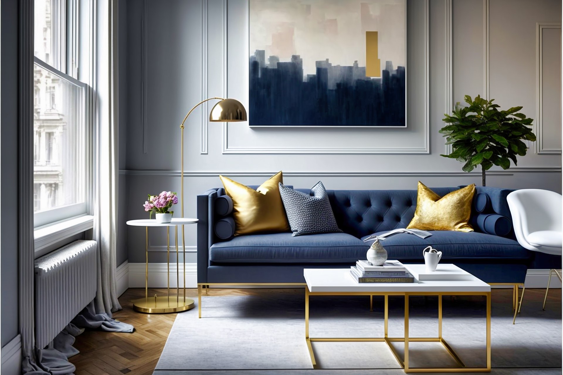 Minimalistisches Wohnzimmer In Grau Und Gold