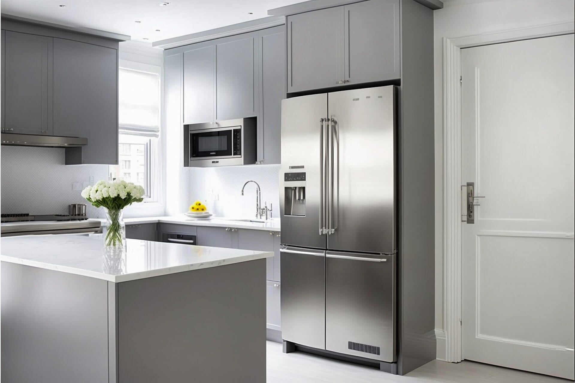 This Minimalist Kitchen Features Light Grey Cabinetry And Countertops, Creating A Subtle Yet Elegant Atmosphere. The Stainless Steel Appliances Add A Modern Touch, While The White Backsplash And Minimalistic Accents Complete The Look.