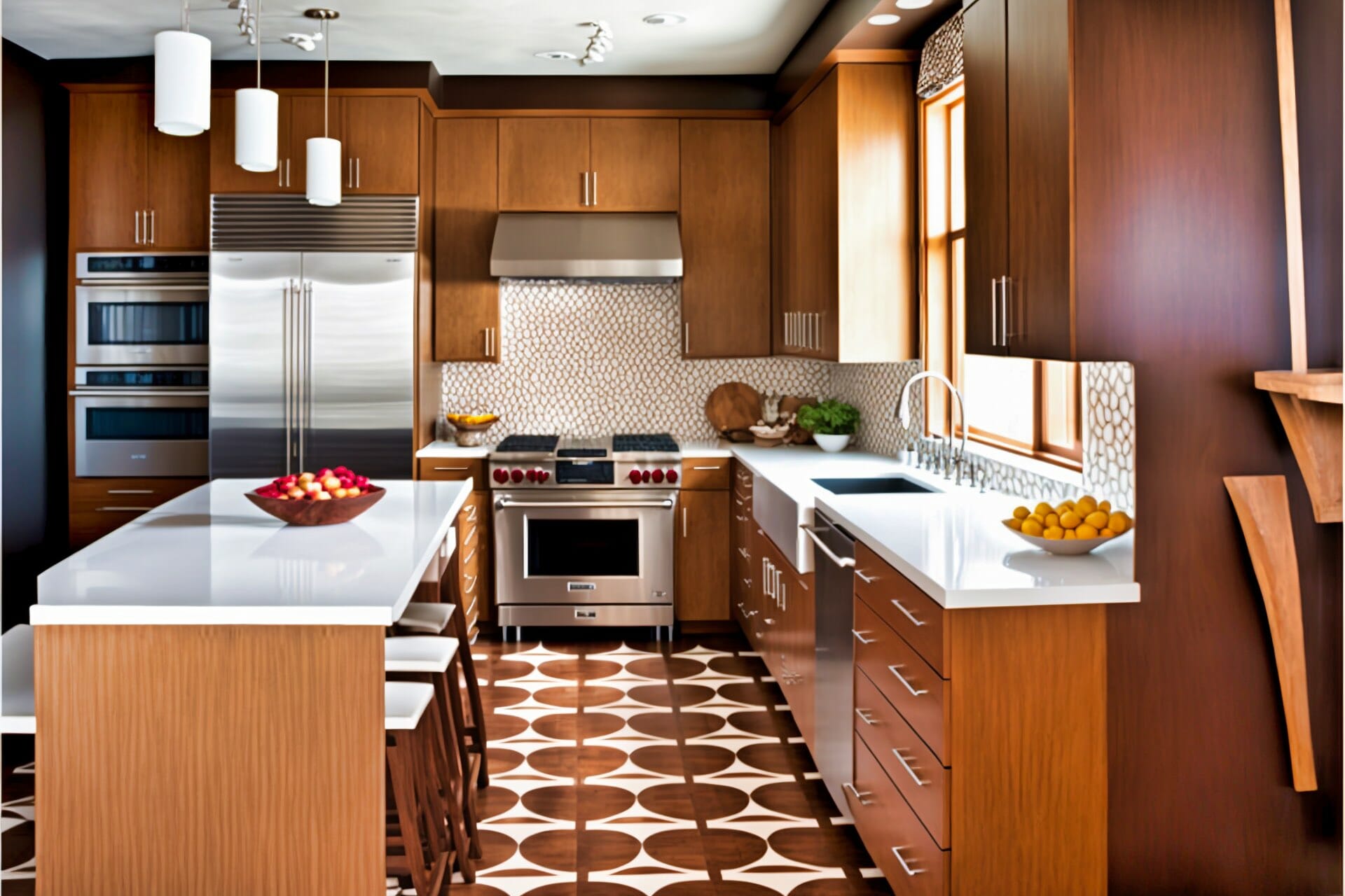 A Unique, Modern Kitchen Featuring A Mix Of Oak, Cherry, And Maple Cabinetry, A Patterned Backsplash, And A Bright White Countertop.