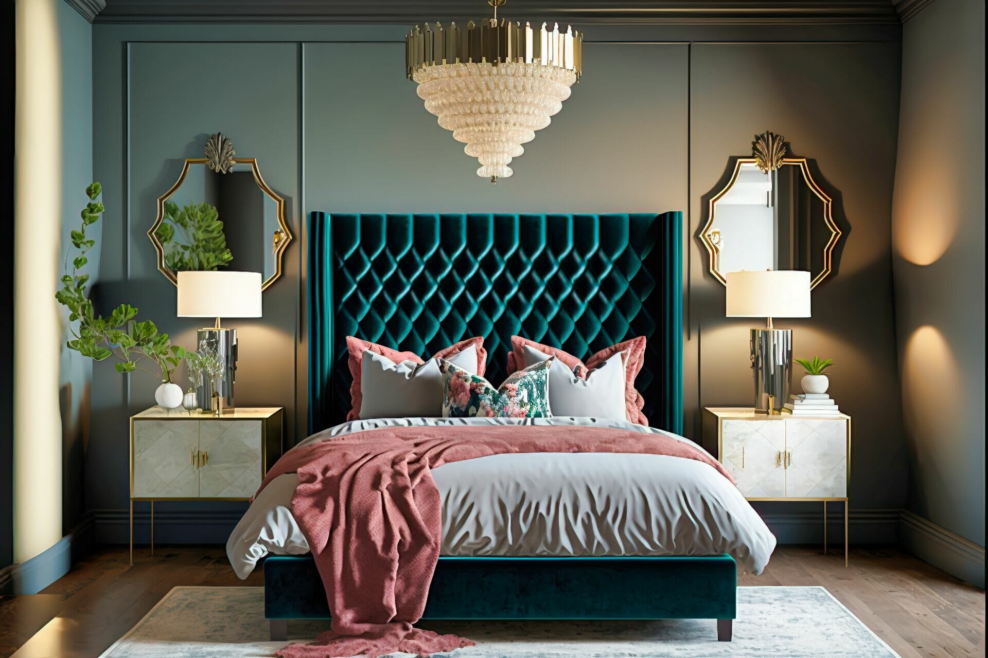 Mid-Century Modern Bedroom – An Opulent Modern Bedroom Featuring A Tufted Velvet Bed Frame, A Mirrored Nightstand, And A Chandelier Hanging From The Ceiling.
