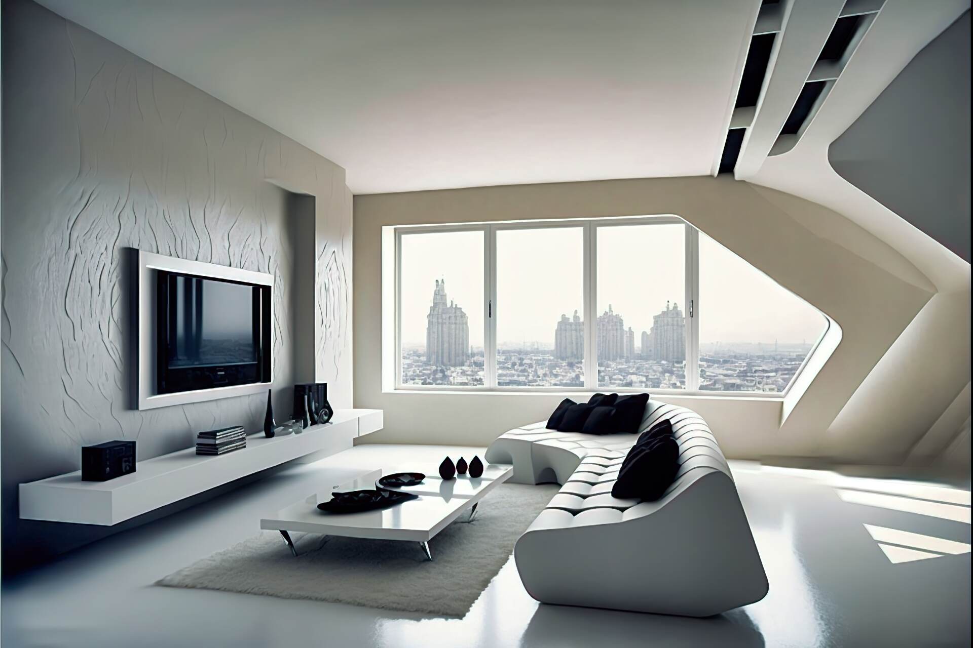 A Futuristic Living Room With A Minimalist Aesthetic. The Walls Are Painted A Soft Grey, With A Large, Flat-Screen Tv Mounted On One Wall. A White, Modular Sofa Is Made Up Of Chaise Lounges And Armchairs. A Sleek, Black Coffee Table And White Accent Chair Complete The Look. A Wall Of Windows Floods The Room With Natural Light.