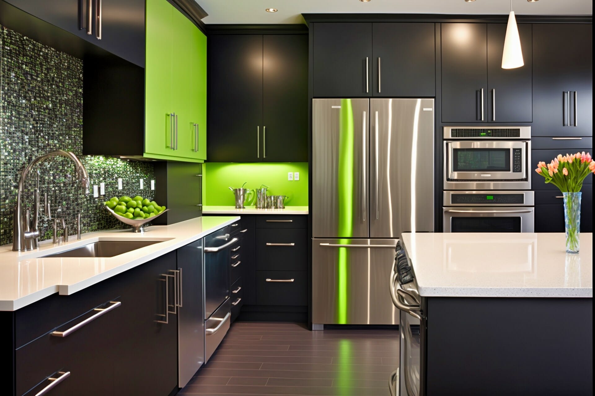 This Modern Kitchen Design Features Glossy Black Cabinetry And White Countertops, Creating A Stunning Contrast. A Bold And Vibrant Green Backsplash Complements The Stainless Steel Appliances, Adding A Fun And Unique Element.