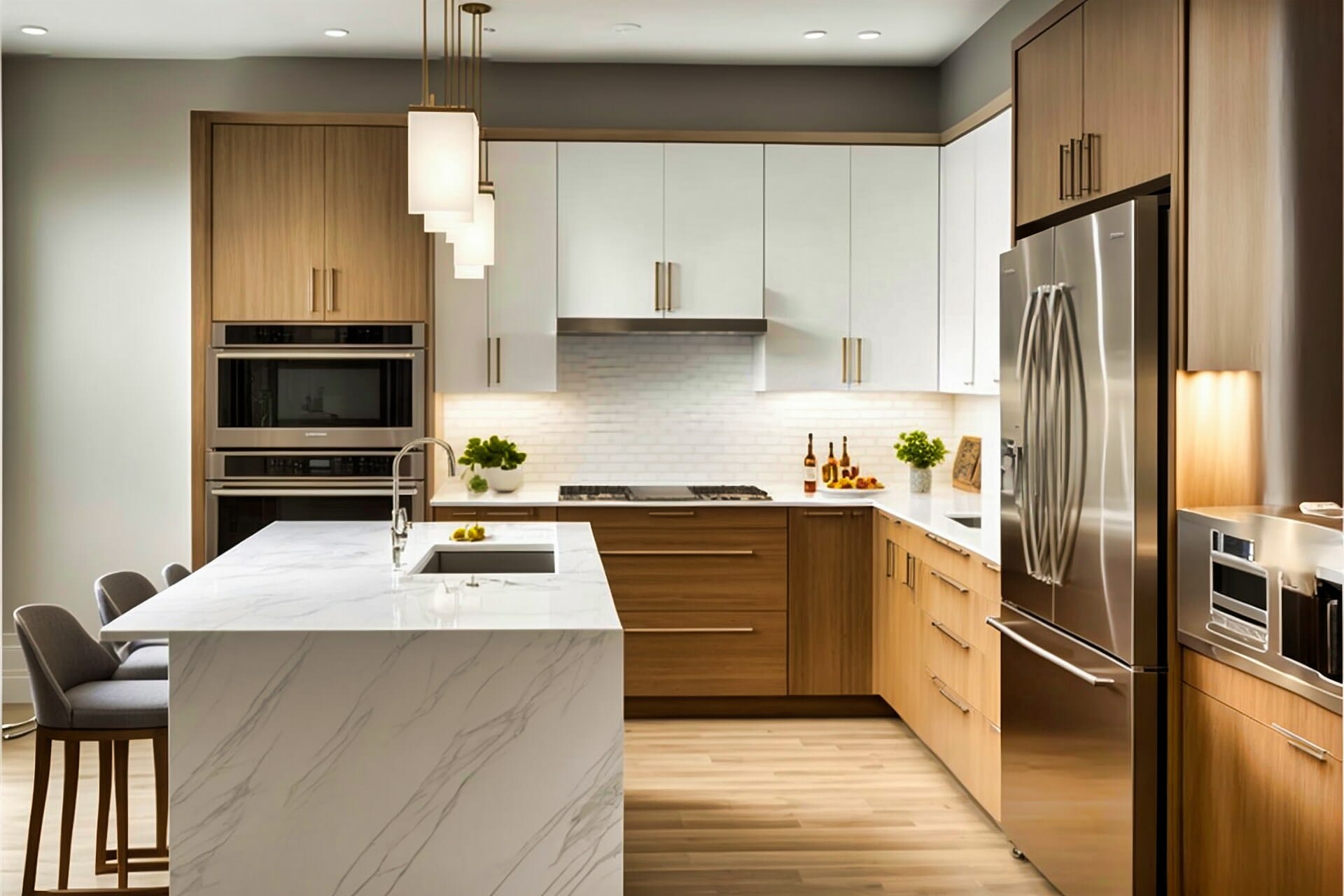 A Sleek, Modern Kitchen Featuring A Mix Of Oak Cabinetry And Stainless Steel Appliances, A White Marble Countertop, And A Glass Pendant Light.