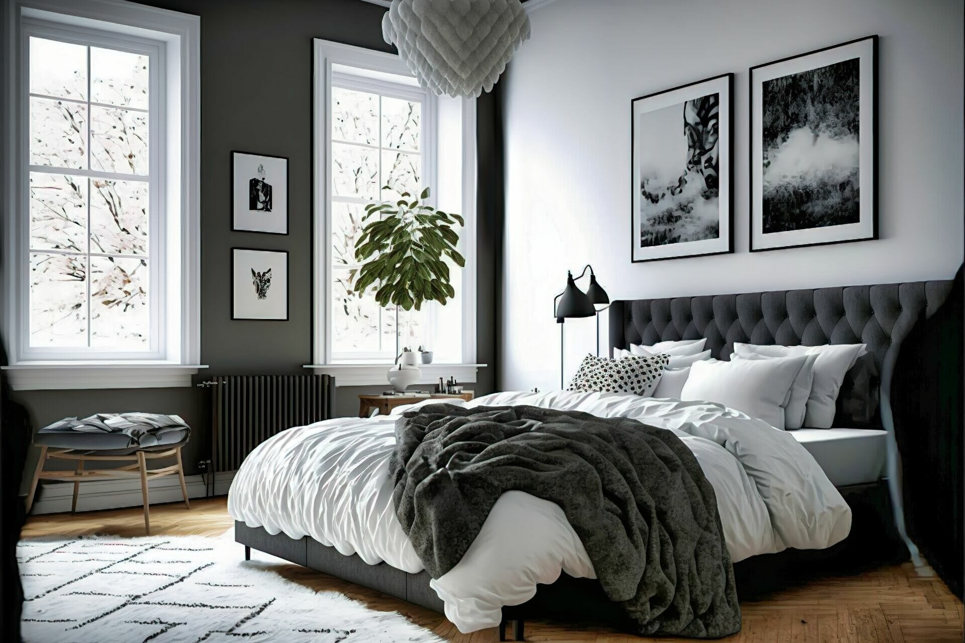 A Scandinavian Style Bedroom With Elegant Black And White Touches - This Sophisticated Bedroom Features A Black And White Color Palette, With Dark Wood Floors And White Walls. A Tufted Headboard And Matching Bed Frame Are Accented With A Cozy Fur Throw, While A Geometric Area Rug And Black And White Art Prints Add A Touch Of Drama.