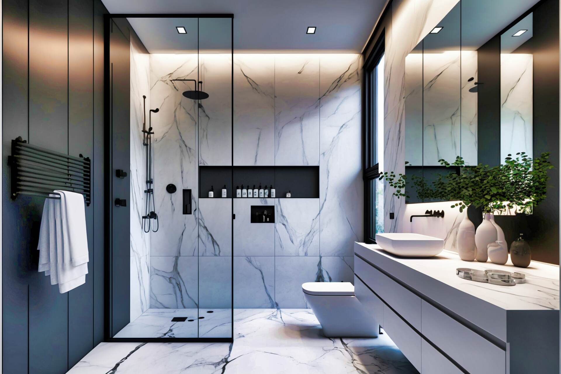 A Modern Bathroom With A Monochromatic Aesthetic. The Space Features A Floating Vanity With A White Sink And A Large Mirror. The Shower Has A Glass Partition And A Rainfall Showerhead. The Floors And Walls Are White Marble, With A Mix Of Black Accents And Fixtures. The Room Is Illuminated By Recessed Lighting.