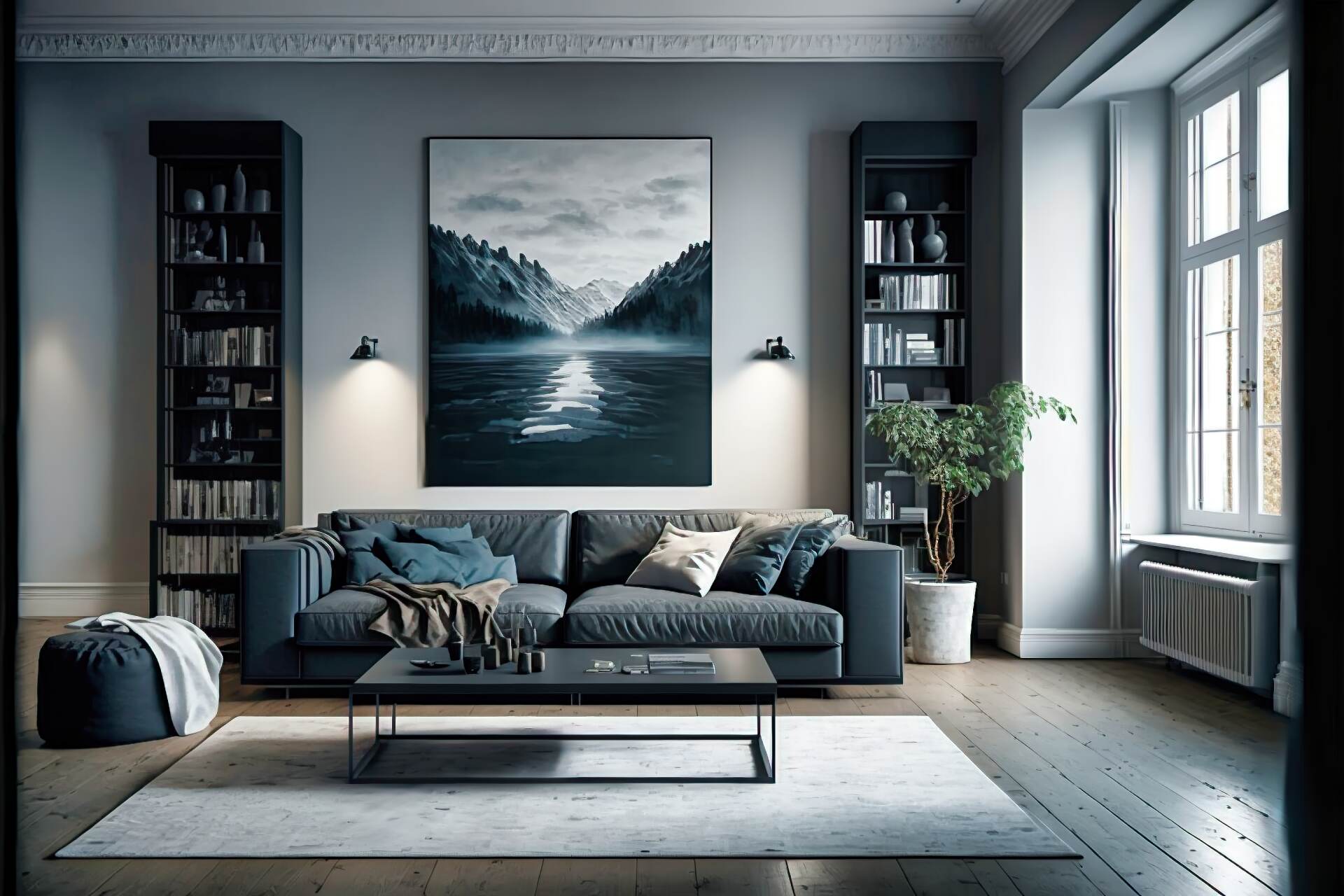 This Modern Living Room Features A Soft Grey Color Scheme. A Single Black Leather Armchair Provides A Comfortable Seating Option, While A Sleek White Sofa And A Geometric Rug Add A Modern Touch. A Large Abstract Painting And A Few Bookshelves Complete The Look.