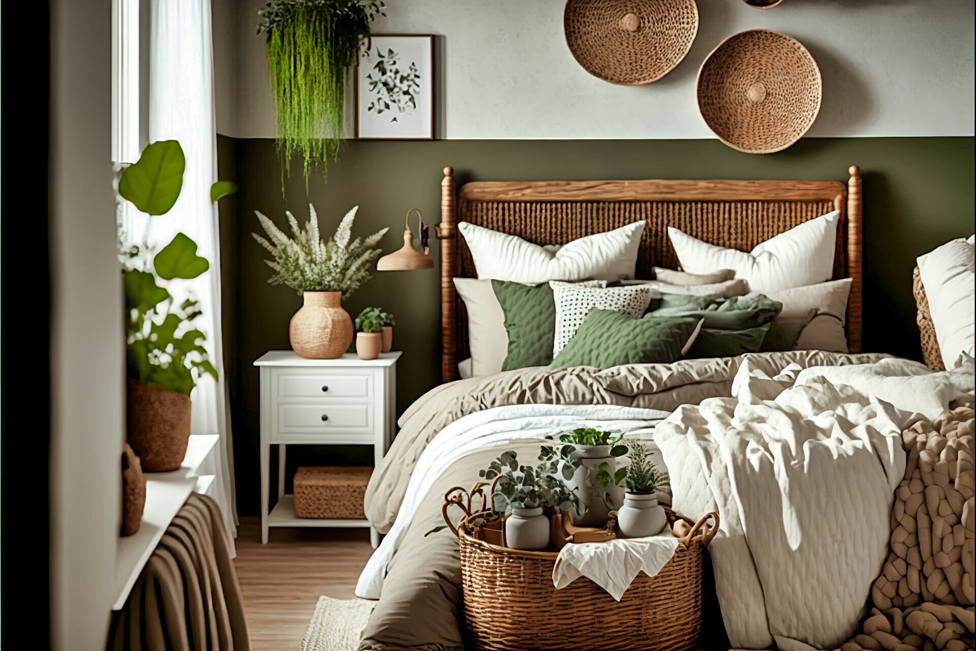 A Scandinavian Style Bedroom With Wood And Wicker Accents – This Bedroom Is Decorated With Wood And Wicker Accents For A Natural, Rustic Feel. The Bed Frame And Nightstand Are A Dark Wood, And The Headboard Is A Woven Wicker. Natural Colors— Green, Brown, And White—Are Used For The Bedding, And A White Sheepskin Rug Lies On The Floor.
