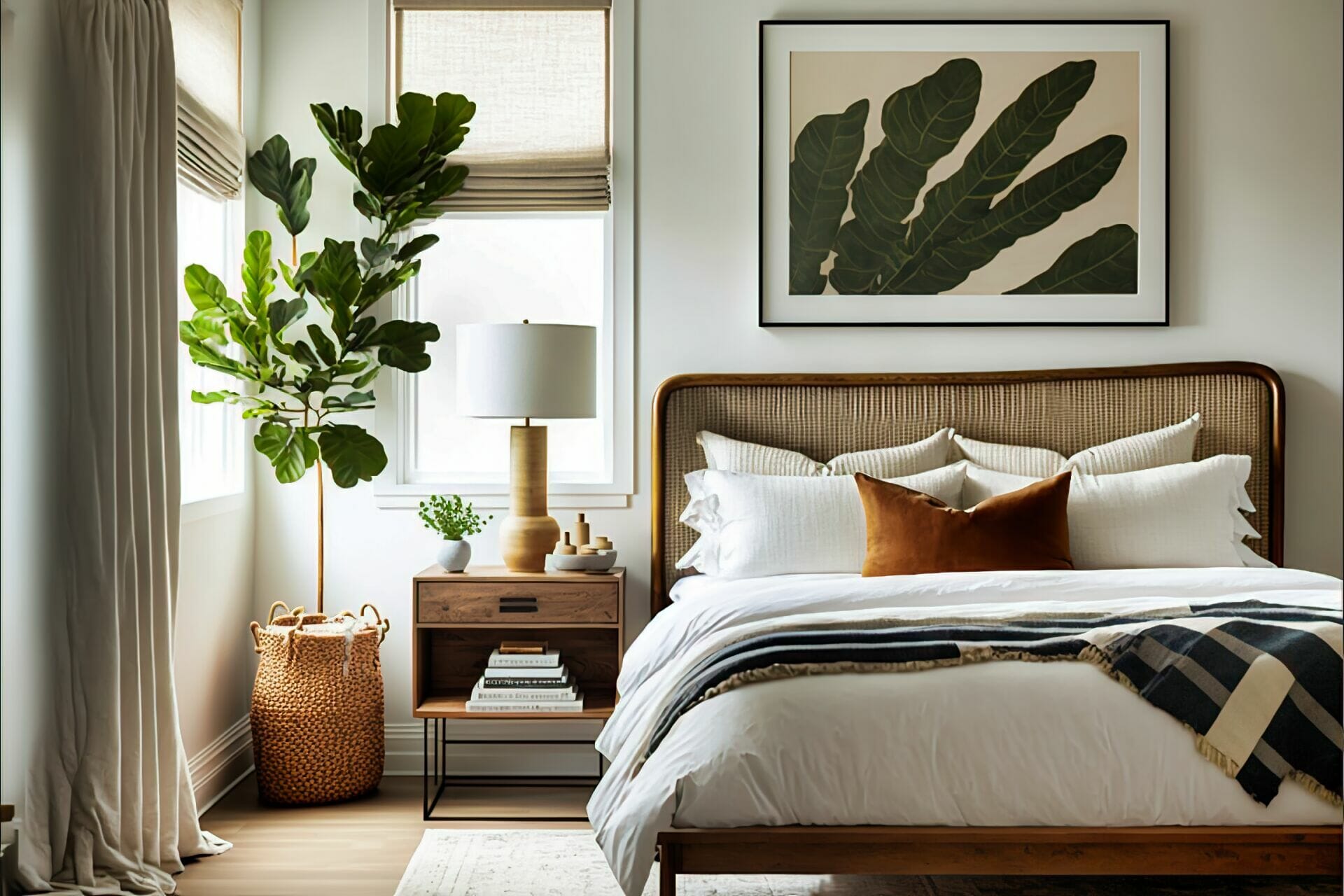 Mid-Century Modern Bedroom – A Calming Modern Bedroom Featuring A Wooden Bed Frame, A Natural Woven Headboard, A Rattan Nightstand, And A Potted Fiddle Leaf Fig.
