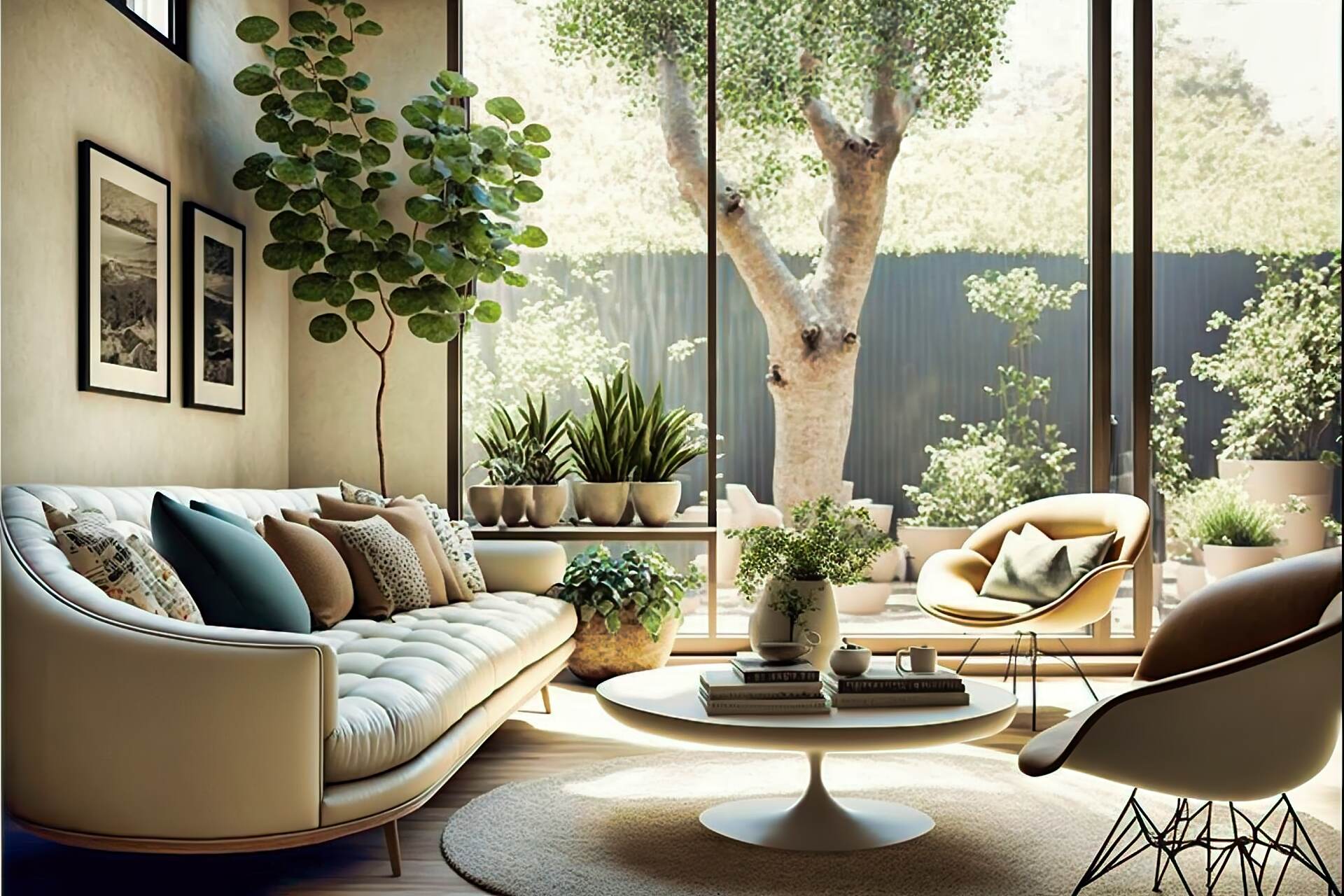 This Bright Modern Living Room Features Plenty Of Natural Light And Neutral Colors. A Comfortable Beige Sofa And Matching Armchair Provide The Perfect Place To Relax, While A Light Wooden Coffee Table And A Geometric Rug Complete The Look. A Few Interesting Art Pieces And A Large Potted Plant Bring Life To The Room.