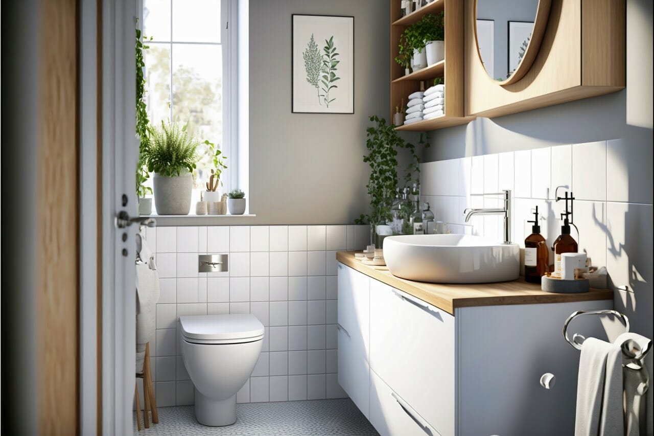 Scandinavian Bathroom: A Neutral And Calming Bathroom With Light Grey Walls And White Tile Floors. A Sleek White Sink With A Chrome Faucet Is Centered In The Room And A Modern White Toilet Rests Against The Wall. Wood Accents And Natural Plants Add A Warm And Inviting Feel To The Room.