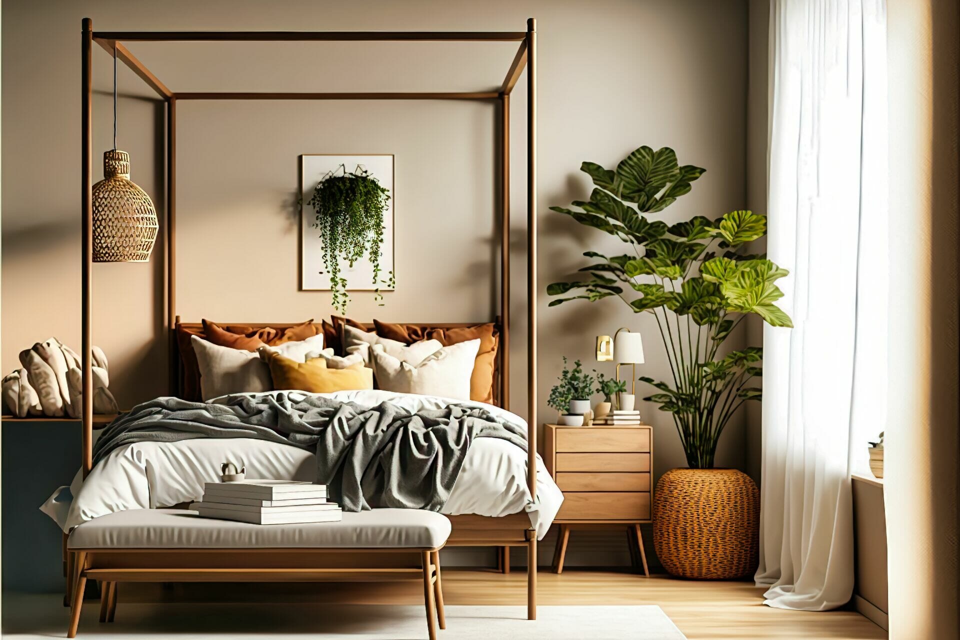 Mid-Century Modern Bedroom – A Cozy And Inviting Modern Bedroom Featuring A Wooden Canopy Bed With A Neutral-Colored Bedspread, A Rattan Armchair, And A Large Potted Plant.