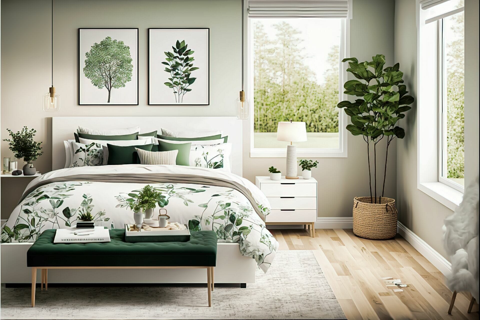 A Scandinavian Style Bedroom With Organic Touches - This Tranquil Bedroom Features A White And Green Color Palette, With Light Wood Floors And A Wall Of Windows For Natural Light. A White Bed Frame Is Paired With A White Headboard And Sleek Nightstands, While A Patterned Area Rug And Natural Accents Create A Soothing Atmosphere.