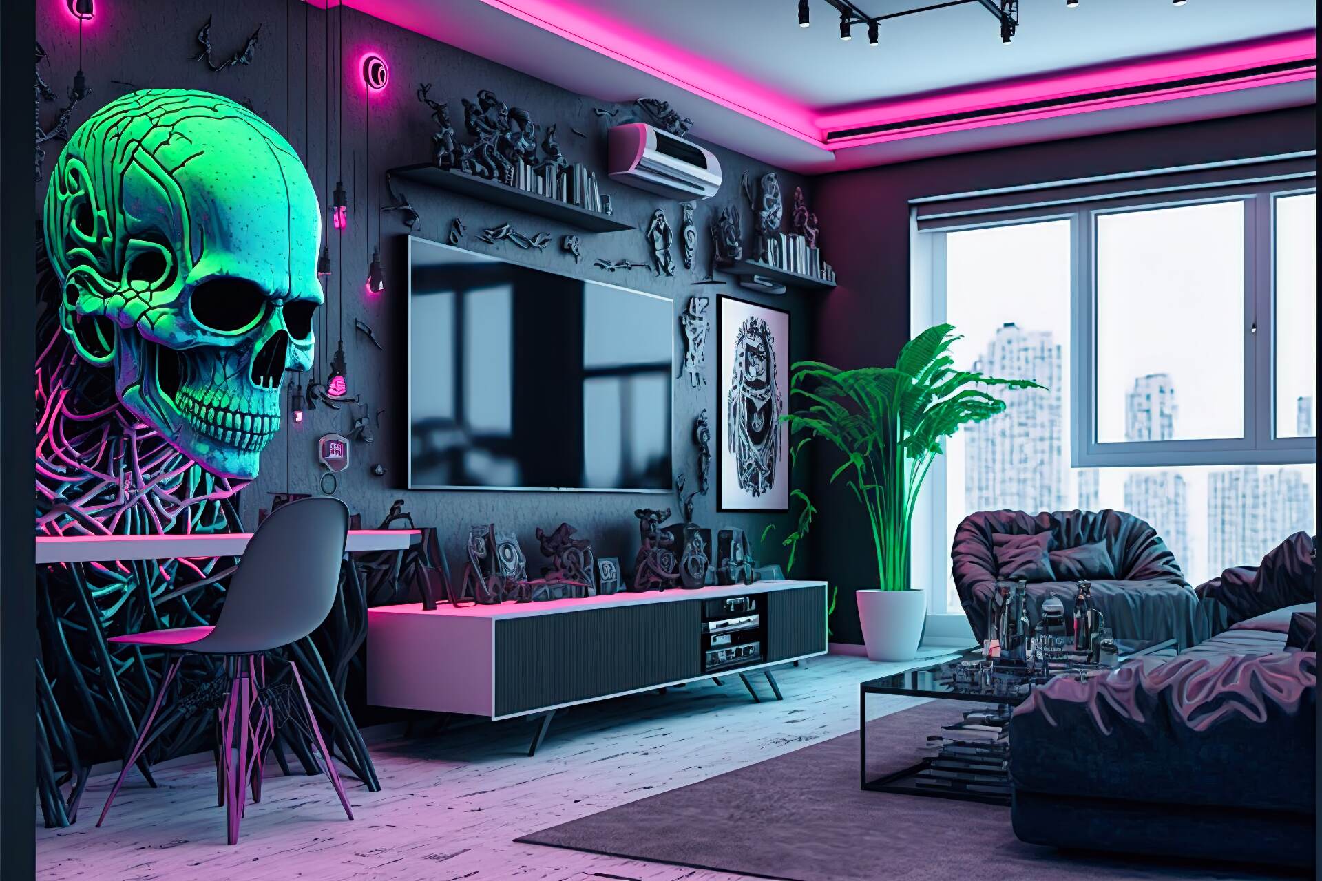 A Cyberpunk-Style Living Room With A Neon City Vibe. The Walls Are Painted Black And Adorned With Neon Lights In Various Shapes And Colors. The Furniture Is Made Up Of Sleek And Modern Pieces In A Monochromatic Color Scheme Of Black And White. A Large Flat Screen Tv Is Mounted On The Wall, Surrounded By More Neon Lights. A High-Tech Sound System And A Futuristic Gaming Console Complete The Look.