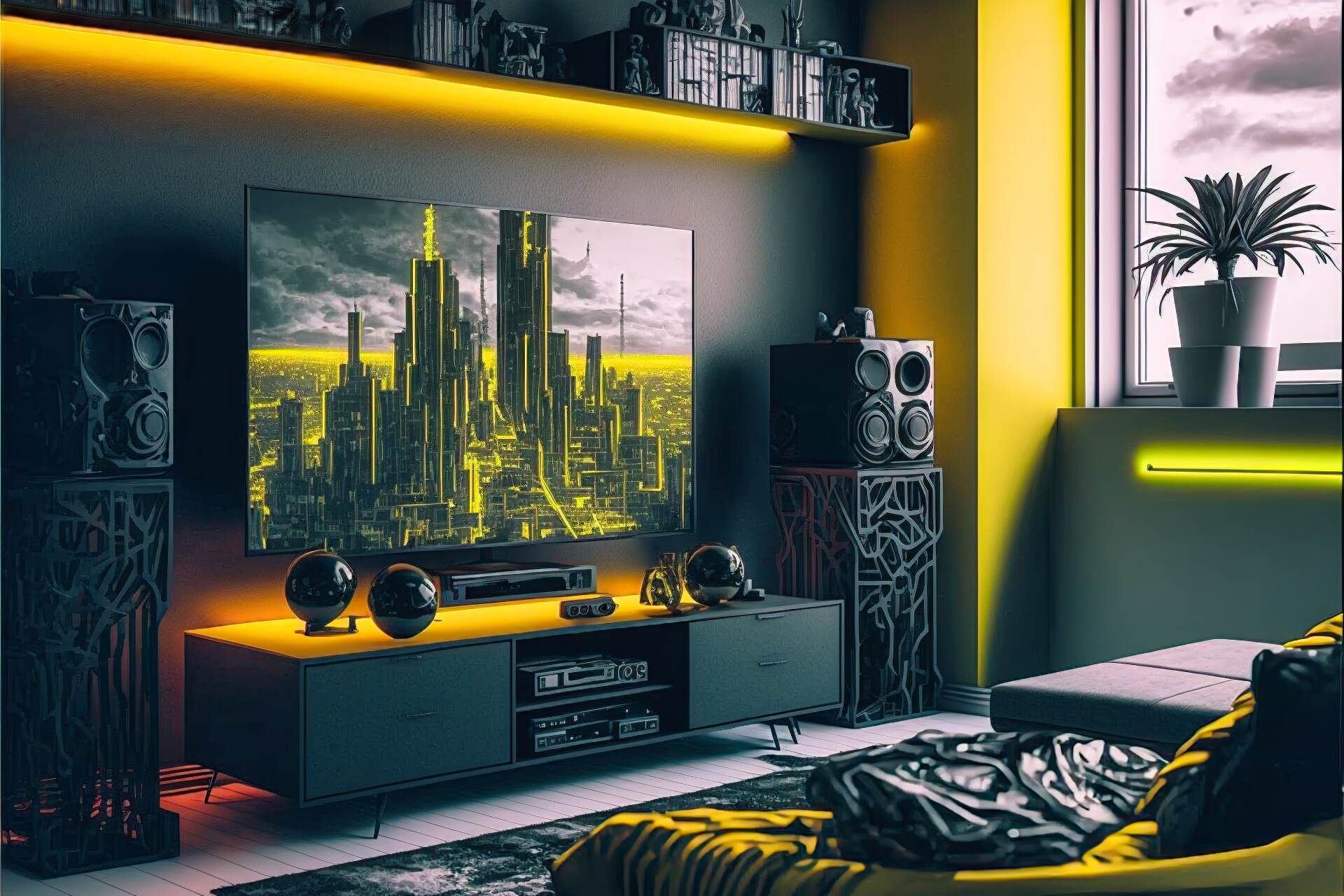 A Cyberpunk-Style Living Room With A Neon Cyber City Vibe. The Walls Are Painted Black And Adorned With Neon Lights In Various Shades Of Yellow. The Furniture Is Made Up Of Sleek And Modern Pieces In A Monochromatic Color Scheme Of Black And White. A Large Flat Screen Tv Is Mounted On The Wall, Surrounded By More Neon Lights. A High-Tech Sound System And A Virtual Reality Gaming Console Complete The Look.