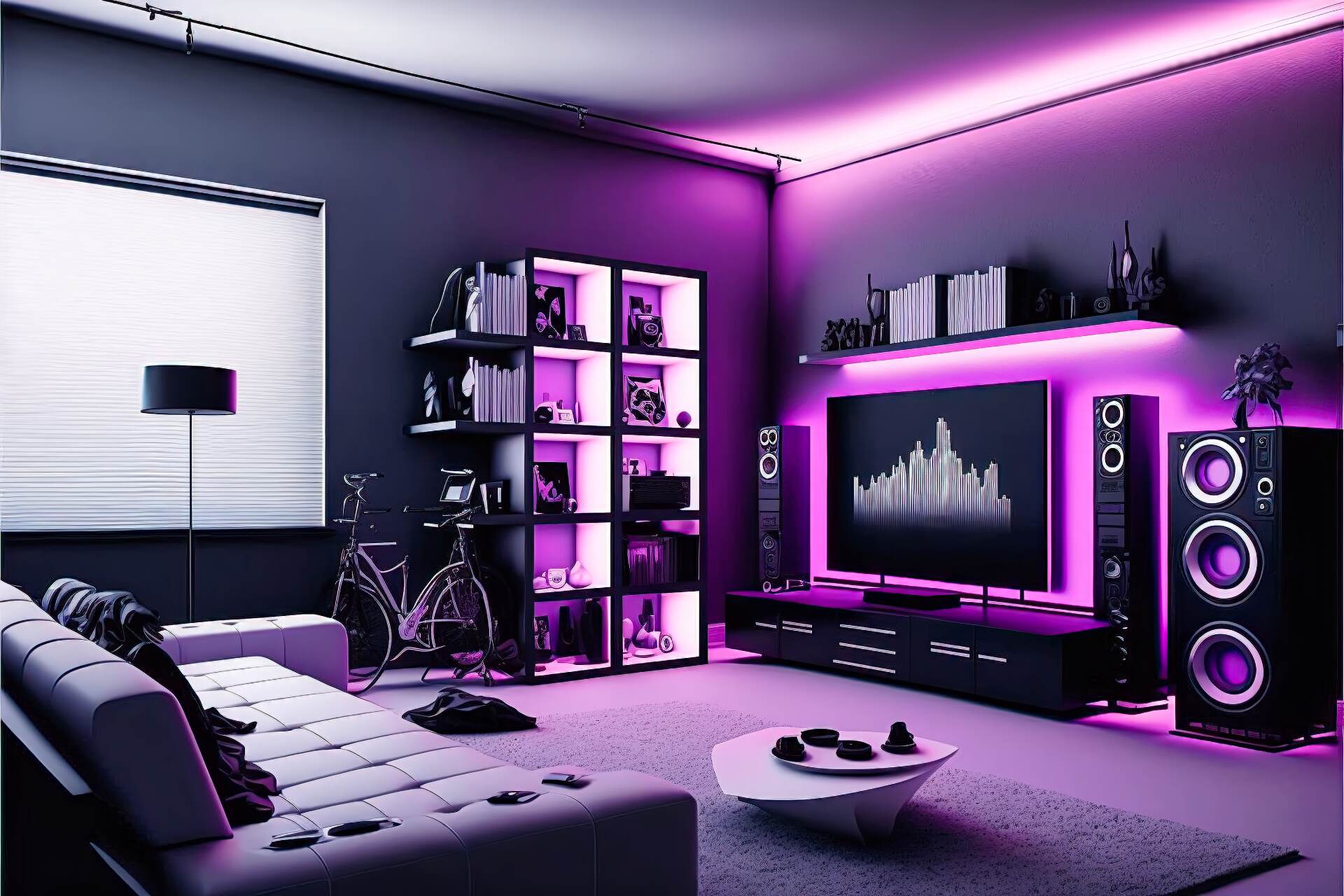 A Cyberpunk-Style Living Room With A Neon Cybertopia Vibe. The Walls Are Painted Black And Adorned With Neon Lights In Various Shades Of Purple. The Furniture Is Made Up Of Sleek And Modern Pieces In A Monochromatic Color Scheme Of Black And White. A Large Flat Screen Tv Is Mounted On The Wall, Surrounded By More Neon Lights. A High-Tech Sound System And A Virtual Reality Gaming Console Complete The Look.