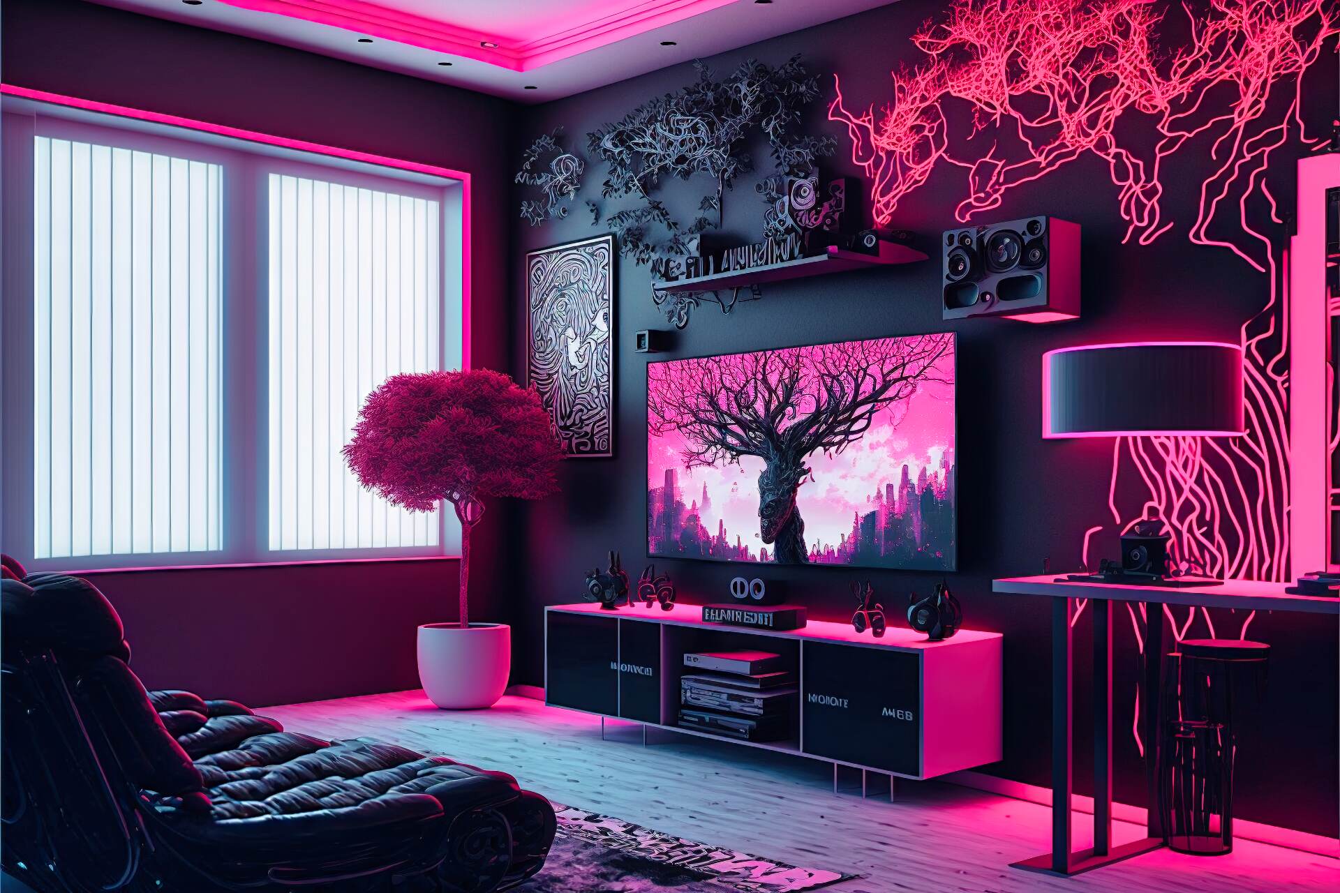 A Cyberpunk-Style Living Room With A Neon Dream Vibe. The Walls Are Painted Black And Adorned With Neon Lights In Various Shades Of Pink. The Furniture Is Made Up Of Sleek And Modern Pieces In A Monochromatic Color Scheme Of Black And White. A Large Flat Screen Tv Is Mounted On The Wall, Surrounded By More Neon Lights. A High-Tech Sound System And A Virtual Reality Gaming Console Complete The Look.