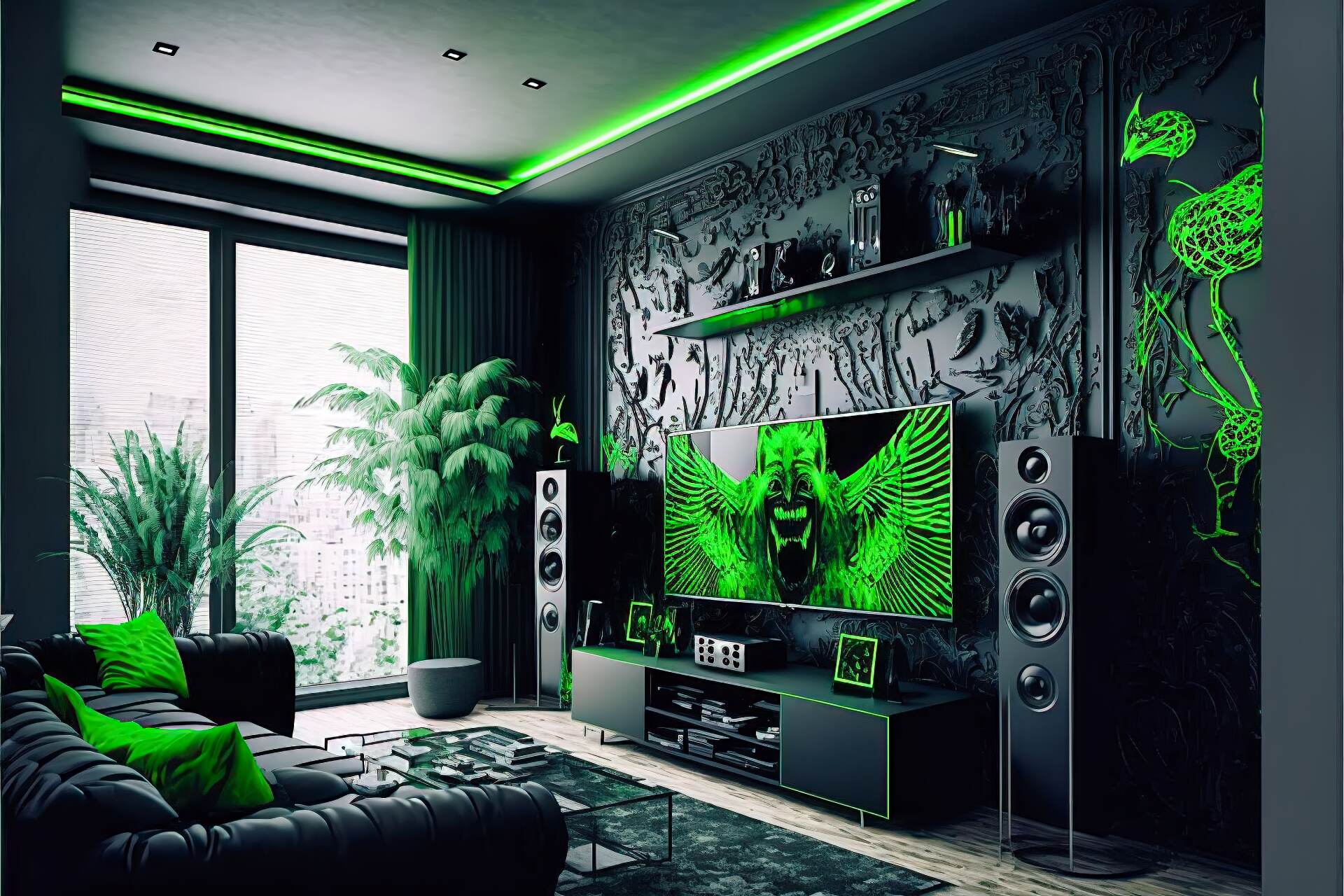 A Cyberpunk-Style Living Room With A Neon Jungle Vibe. The Walls Are Painted Black And Adorned With Neon Lights In Various Shades Of Green. The Furniture Is Made Up Of Sleek And Modern Pieces In A Monochromatic Color Scheme Of Black And White. A Large Flat Screen Tv Is Mounted On The Wall, Surrounded By More Neon Lights. A High-Tech Sound System And A Futuristic Gaming Console Complete The Look.