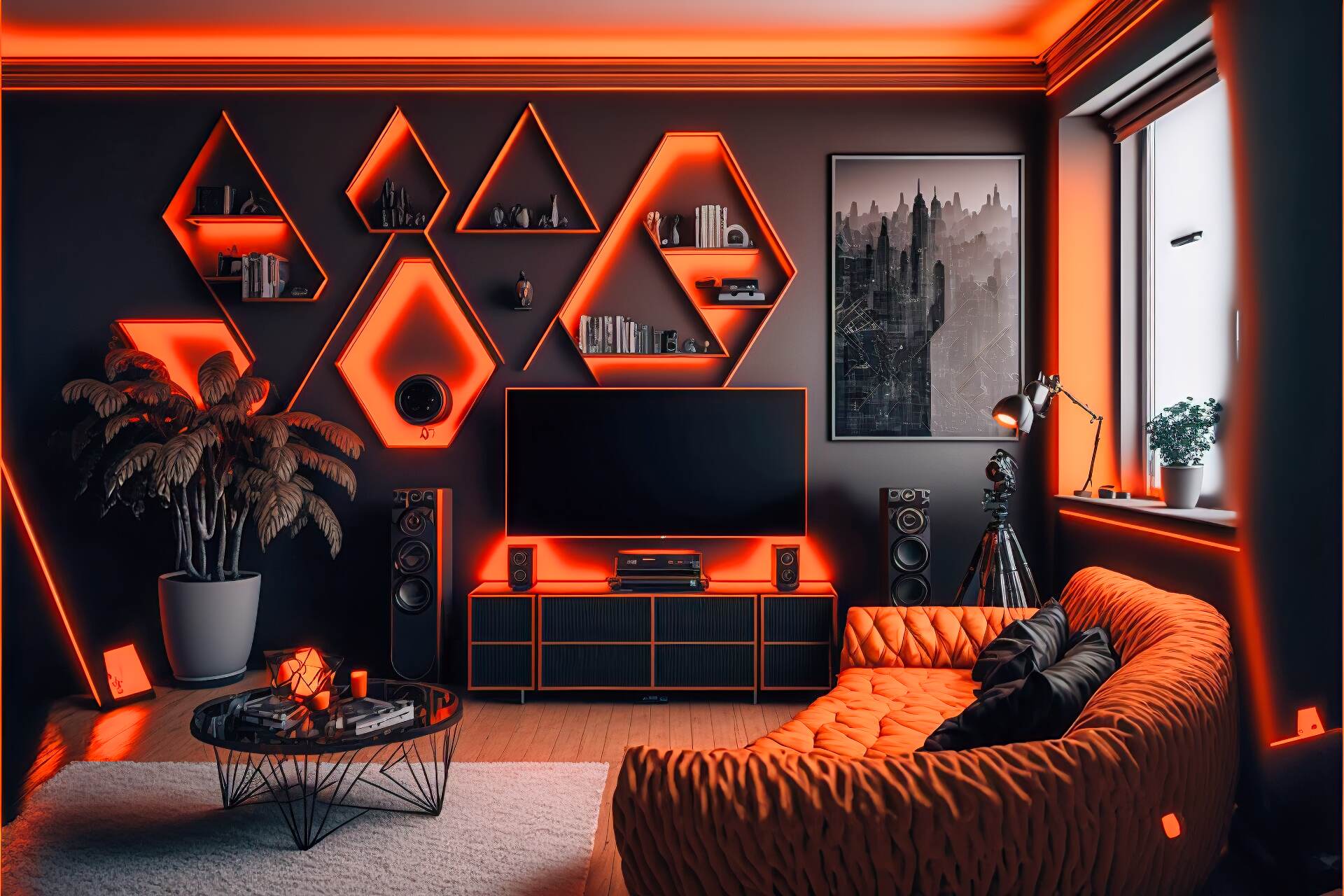 A Cyberpunk-Style Living Room With A Neon Metropolis Vibe. The Walls Are Painted Black And Adorned With Neon Lights In Various Shades Of Orange. The Furniture Is Made Up Of Angular And Geometric Pieces In A Monochromatic Color Scheme Of Black And Silver. A Large Flat Screen Tv Is Mounted On The Wall, Surrounded By More Neon Lights. A High-Tech Sound System And A Holographic Gaming Console Complete The Look.