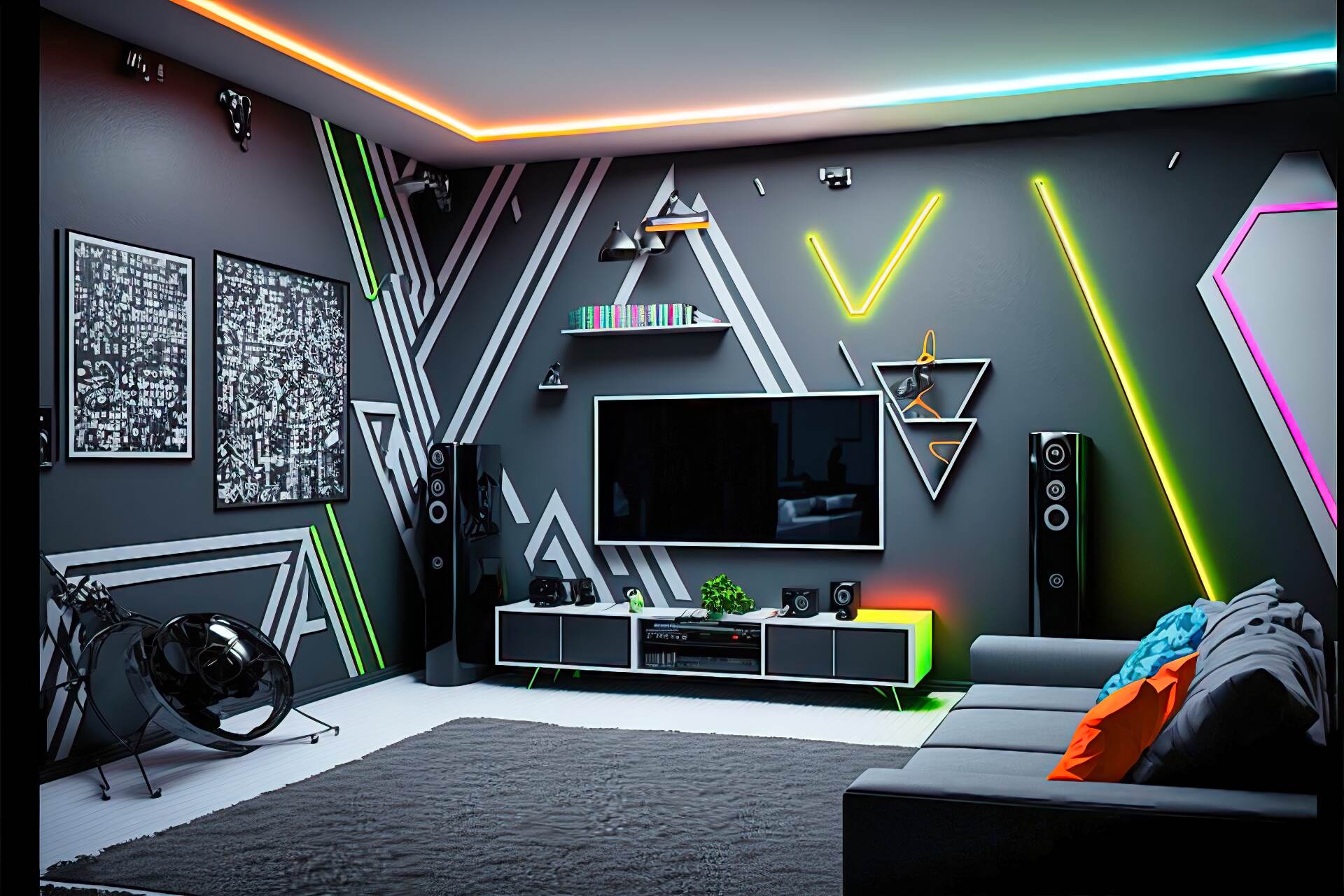 A Cyberpunk-Style Living Room With A Neon Nexus Vibe. The Walls Are Painted Black And Adorned With Neon Lights In Various Shapes And Colors. The Furniture Is Made Up Of Angular And Geometric Pieces In A Monochromatic Color Scheme Of Black And Silver. A Large Flat Screen Tv Is Mounted On The Wall, Surrounded By More Neon Lights. A High-Tech Sound System And A Holographic Gaming Console Complete The Look.