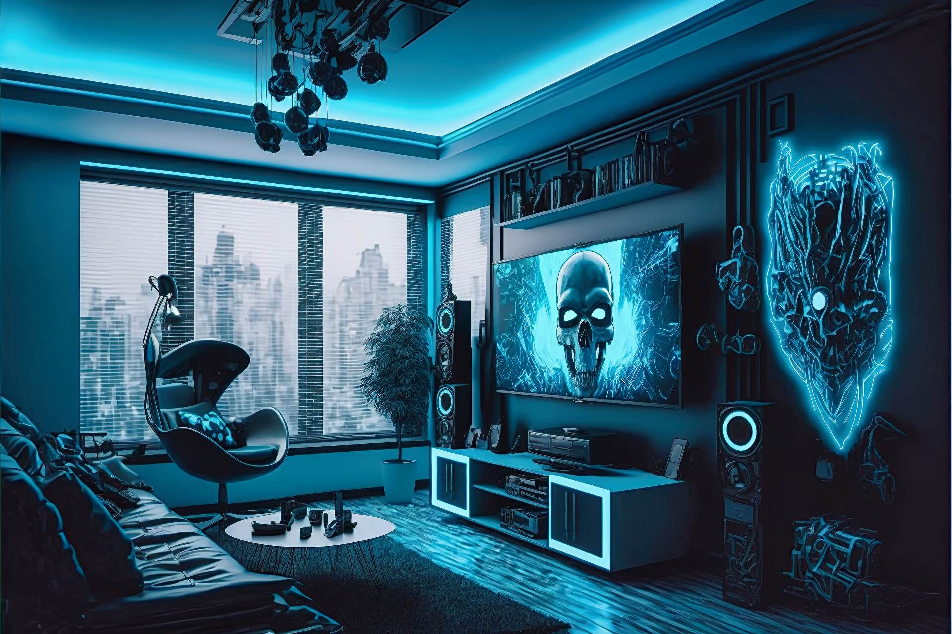 A Cyberpunk-Style Living Room With A Neon Nightscape Vibe. The Walls Are Painted Black And Adorned With Neon Lights In Various Shades Of Blue. The Furniture Is Made Up Of Sleek And Modern Pieces In A Monochromatic Color Scheme Of Black And White. A Large Flat Screen Tv Is Mounted On The Wall, Surrounded By More Neon Lights. A High-Tech Sound System And A Virtual Reality Gaming Console Complete The Look.