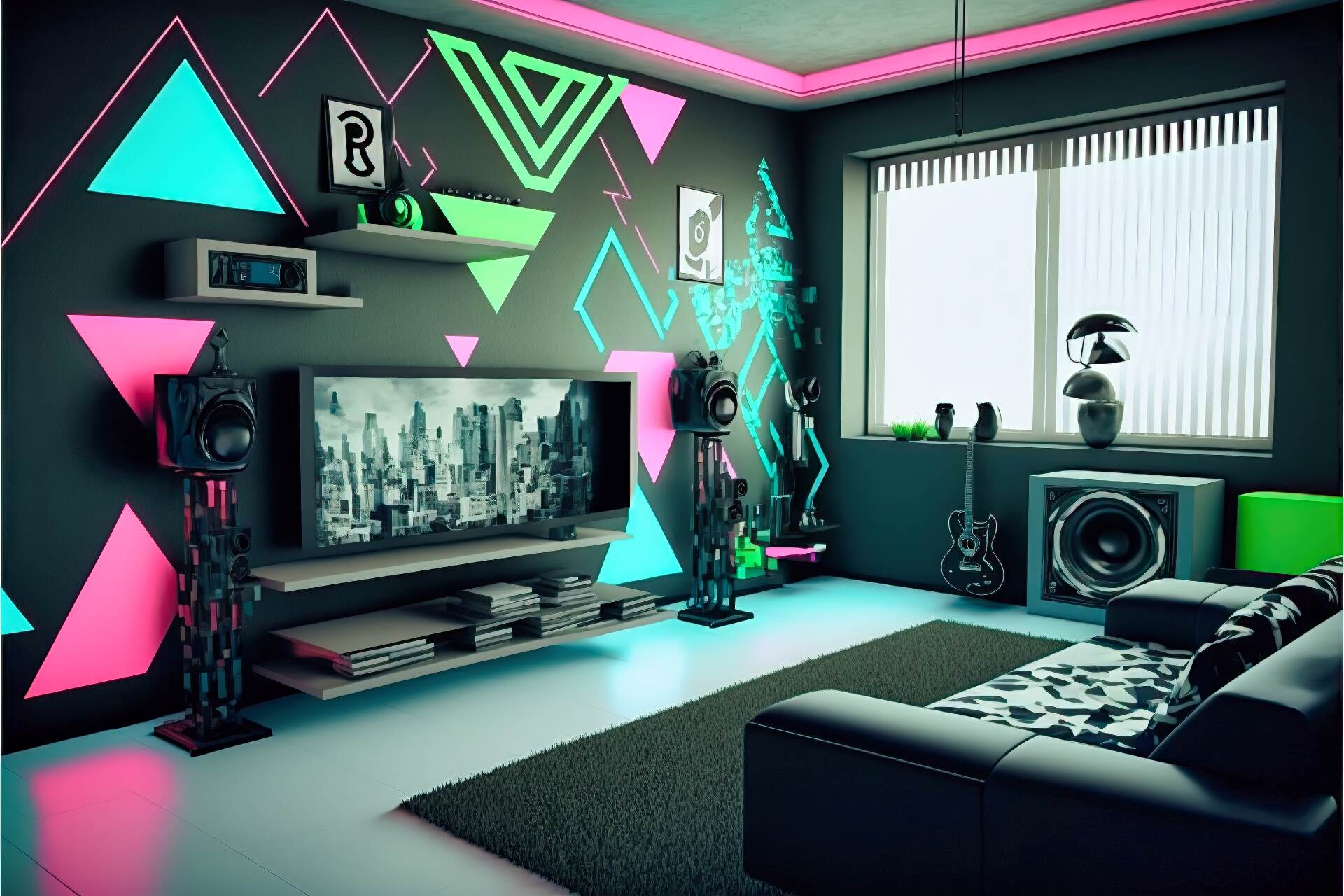 A Cyberpunk-Style Living Room With A Neon Techno Vibe. The Walls Are Painted Black And Adorned With Neon Lights In Various Shapes And Colors. The Furniture Is Made Up Of Angular And Geometric Pieces In A Monochromatic Color Scheme Of Black And Silver. A Large Flat Screen Tv Is Mounted On The Wall, Surrounded By More Neon Lights. A High-Tech Sound System And A Holographic Gaming Console Complete The Look.