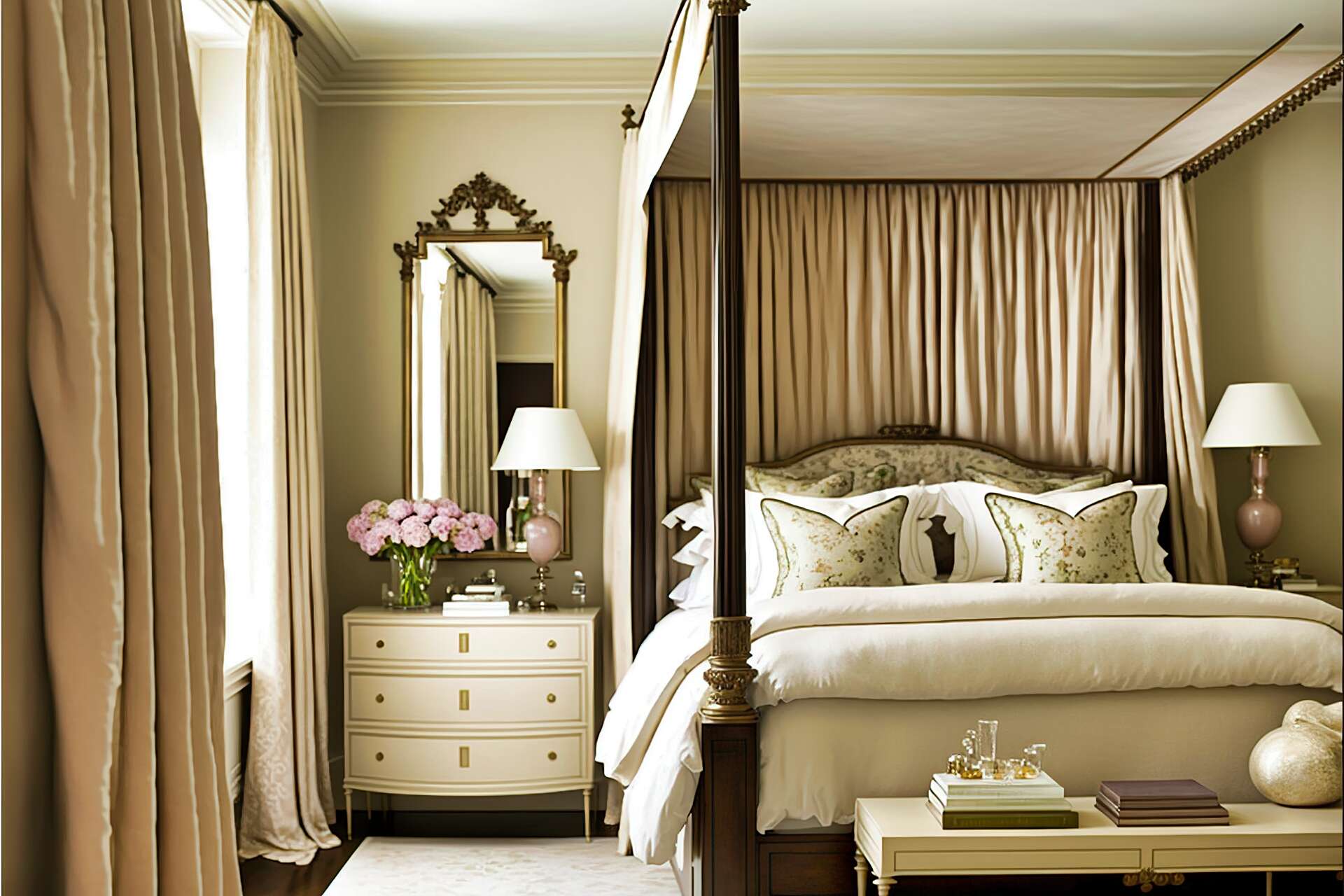 Neutral Transitional Bedroom With Four Poster Bed And Mirrored Accents U