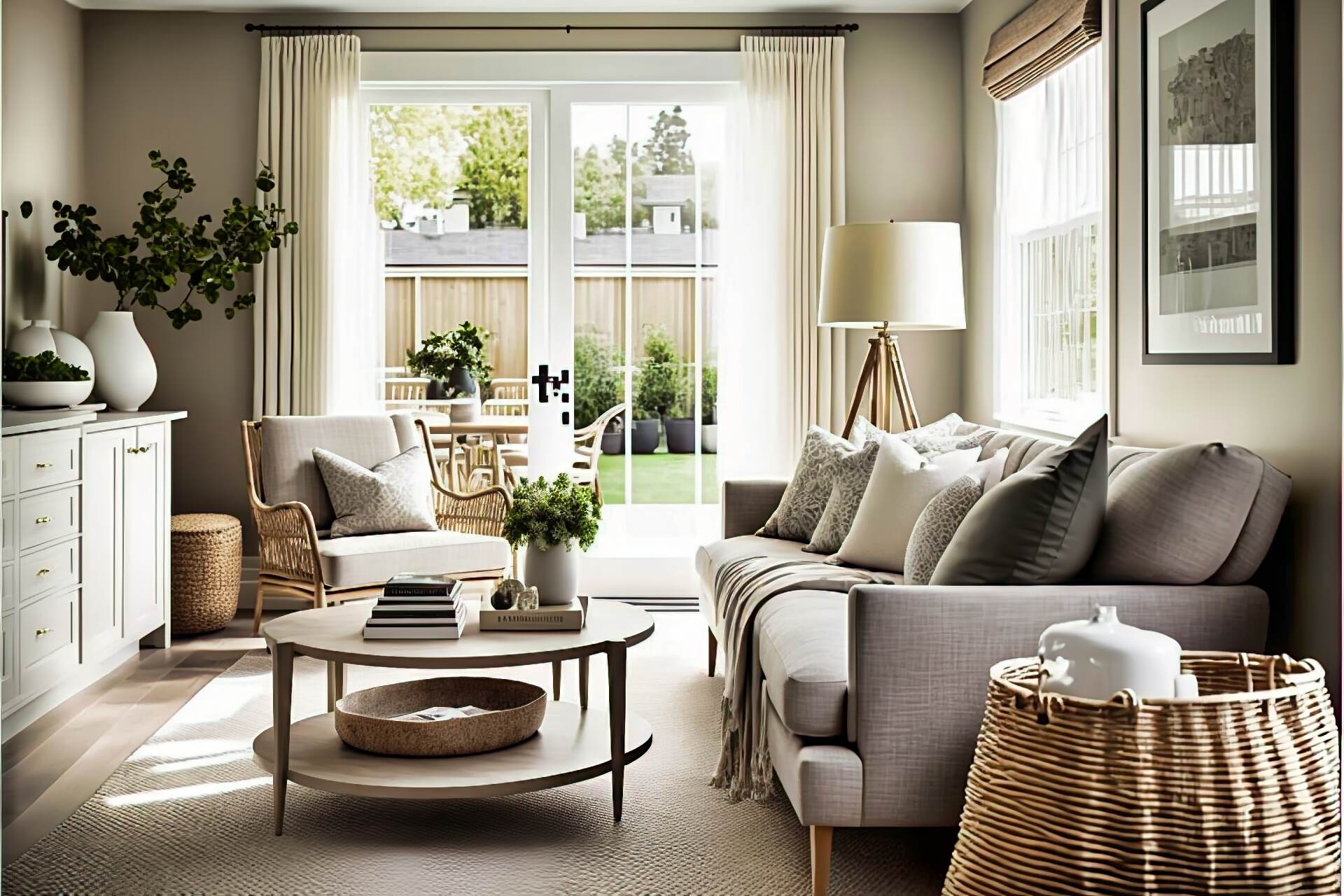 This Low-Key Modern Living Room Features Plenty Of Natural Light And Neutral Colors. A Comfortable Grey Sofa And Matching Armchair Provide The Perfect Place To Relax, While A Light Wooden Coffee Table And Wicker Side Tables Complete The Look. A Small Rug In Light Beige Adds A Cozy Touch To The Space.