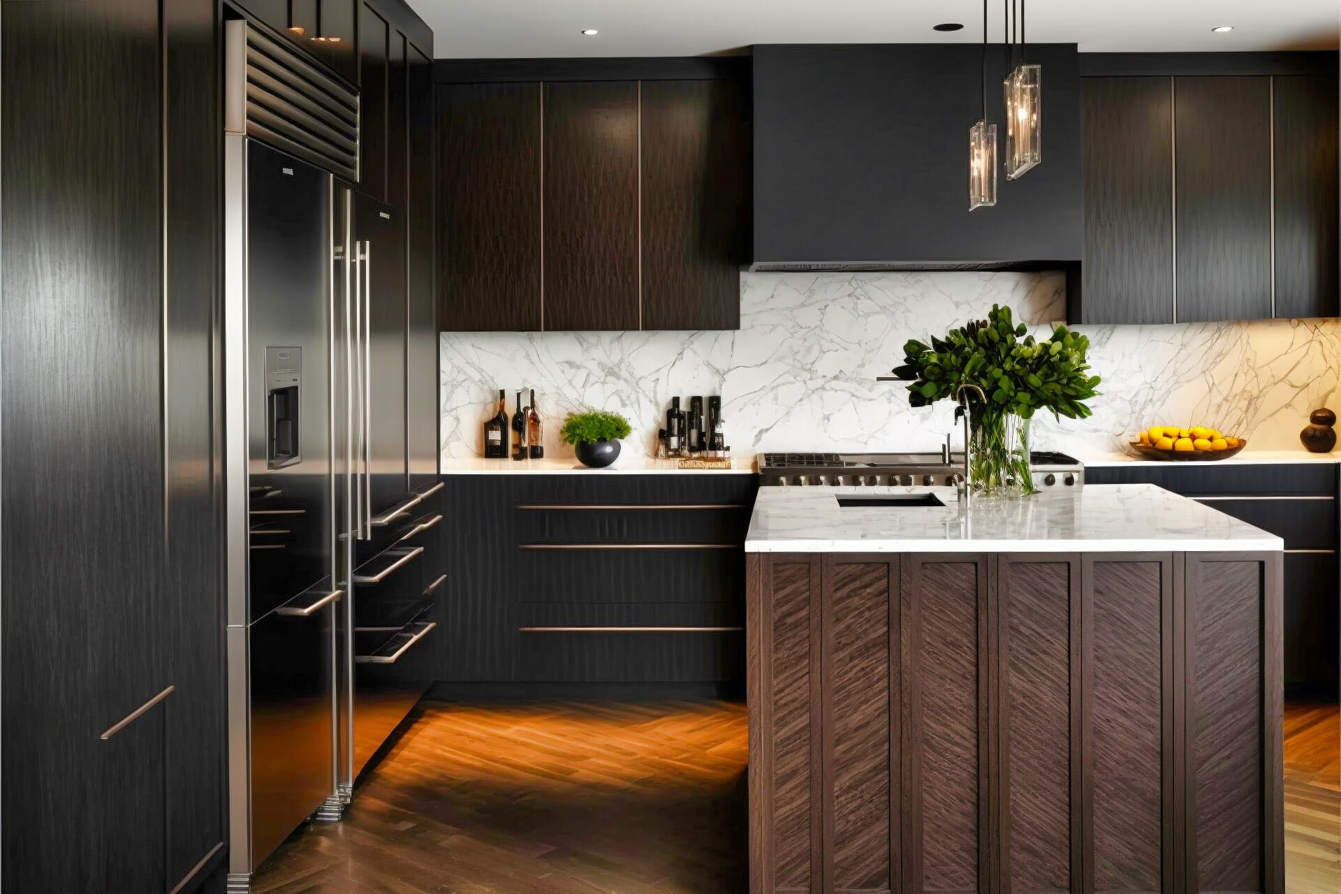 A Bold, Modern Kitchen Featuring Dark Oak Cabinetry, A Black Tile Backsplash, And A Large Marble Countertop.