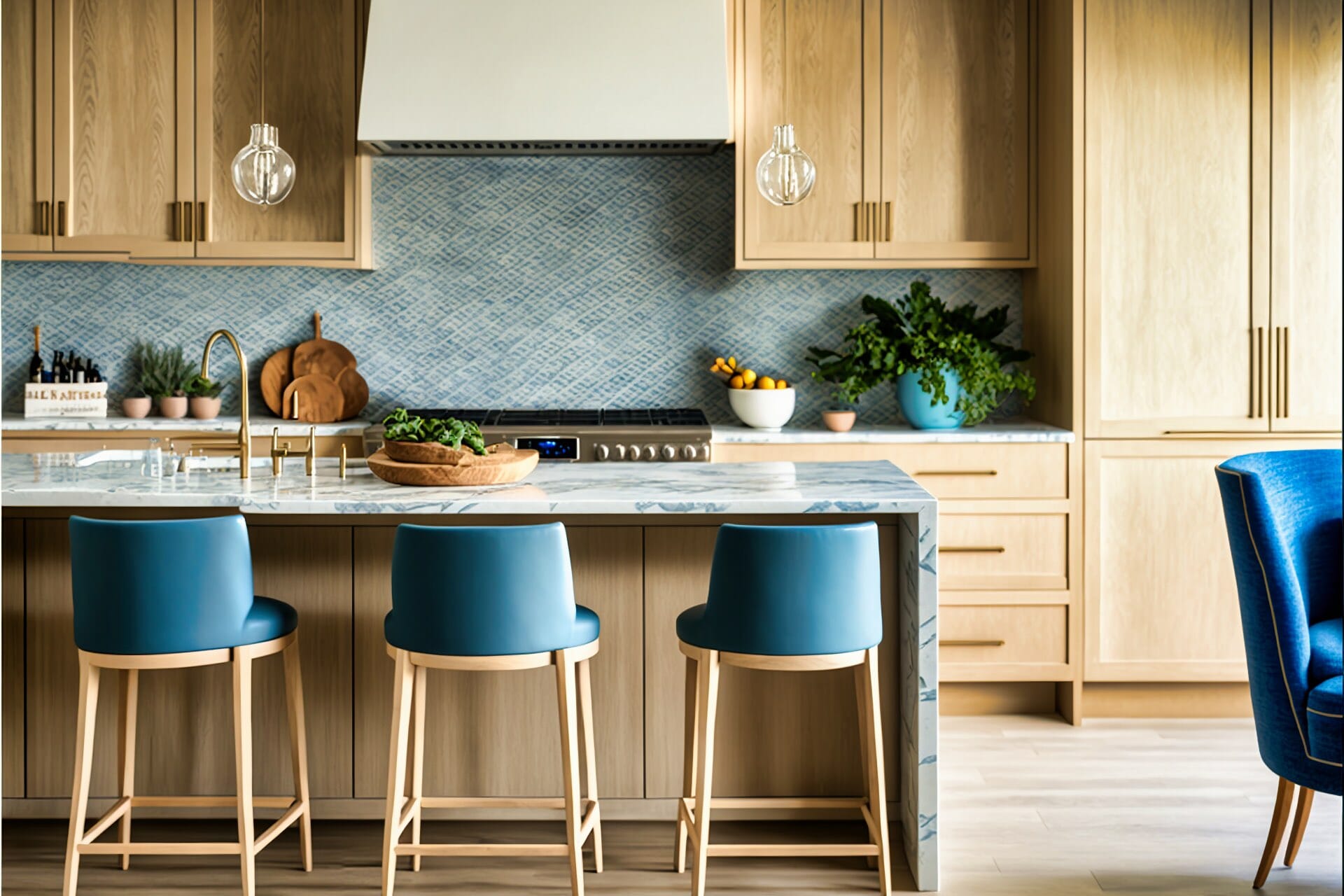 Eine Strandküche Mit Möbeln Aus Heller Eiche, Blauen Fliesen Und Einer Großen Insel Mit Marmorplatte.