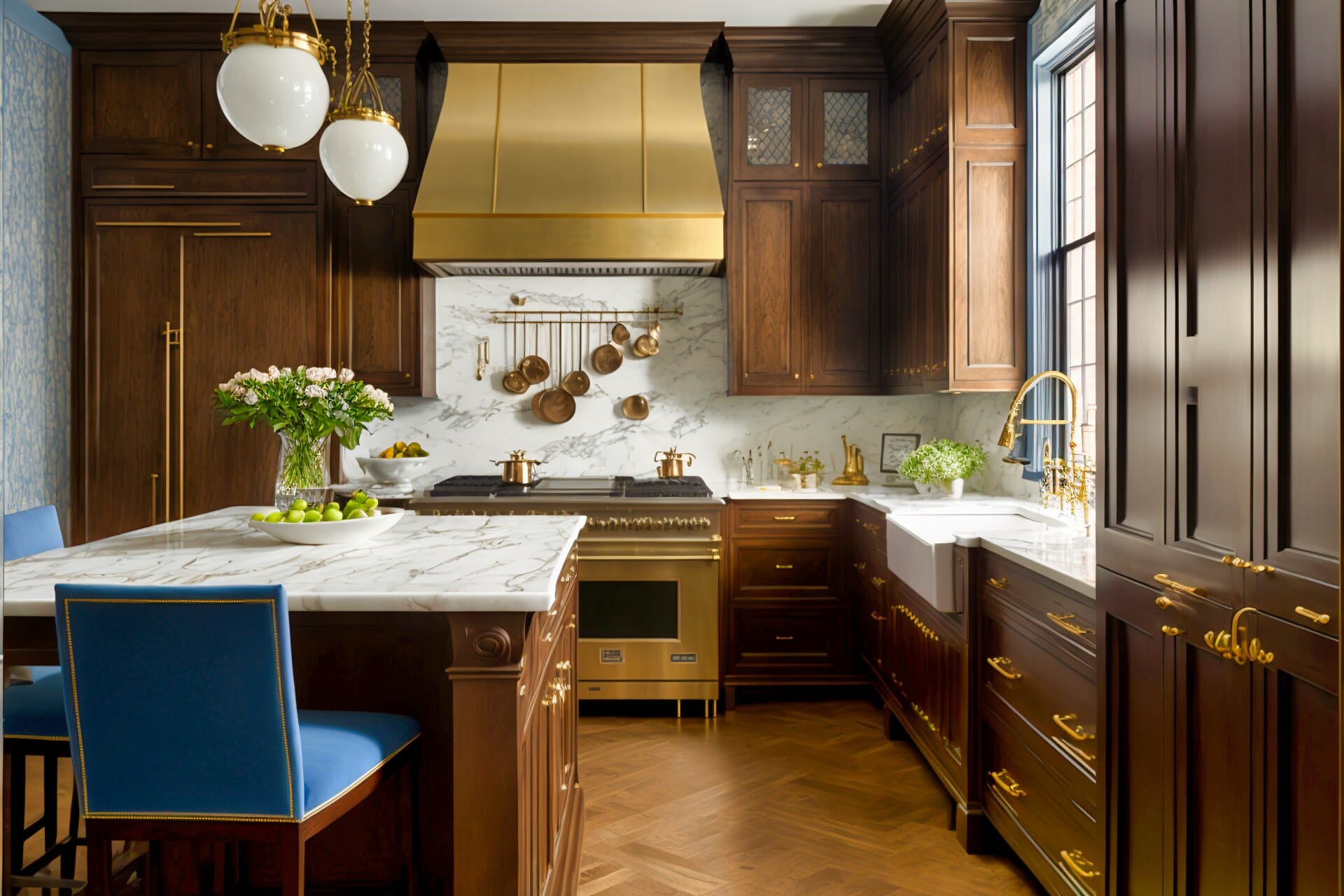 A Luxurious, Traditional Kitchen Featuring Rich Oak Cabinetry, Brass Hardware And Accents, And A Large Marble-Top Island.