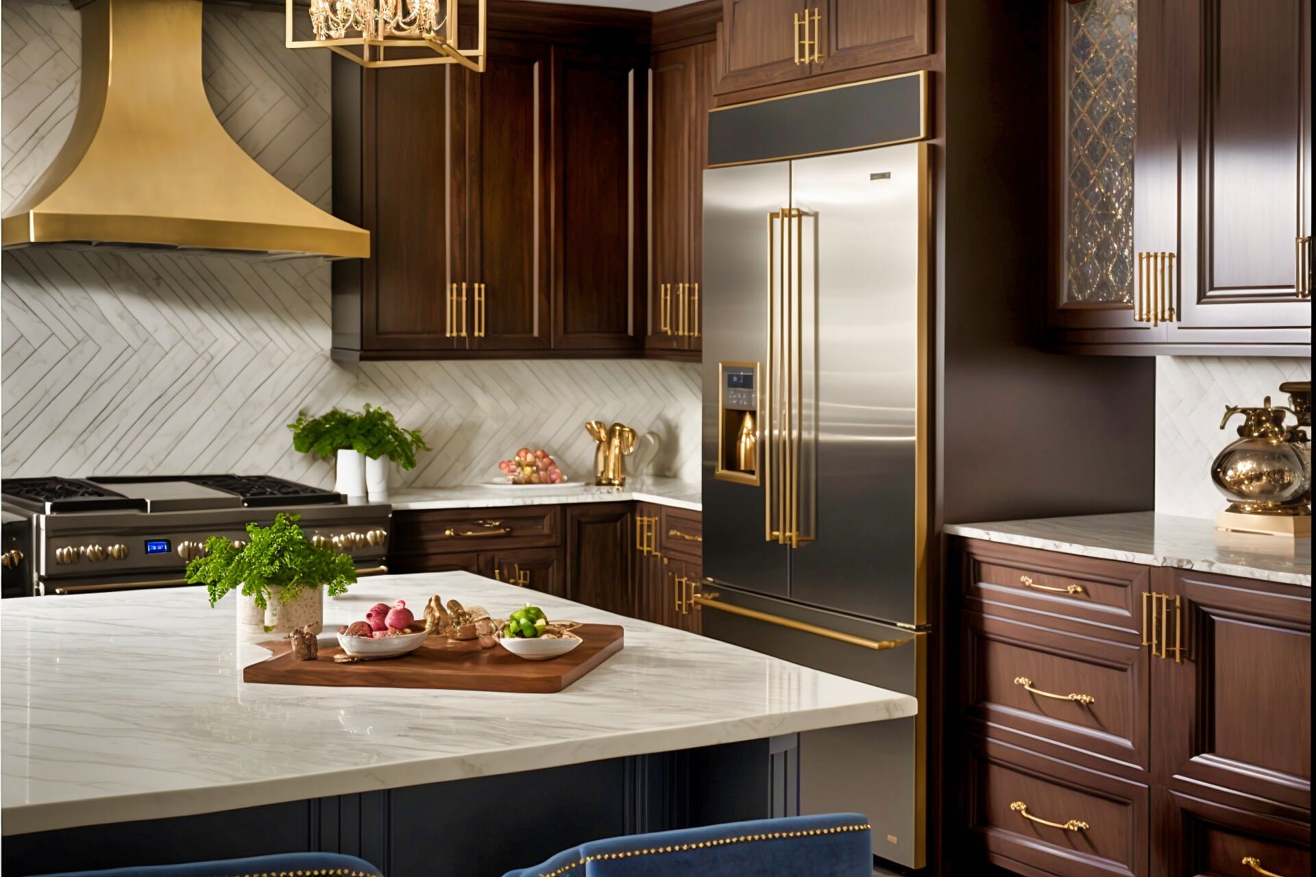 A Glamorous Kitchen Featuring Rich Oak Cabinetry, Gold Hardware And Accents, And A Marble Countertop.