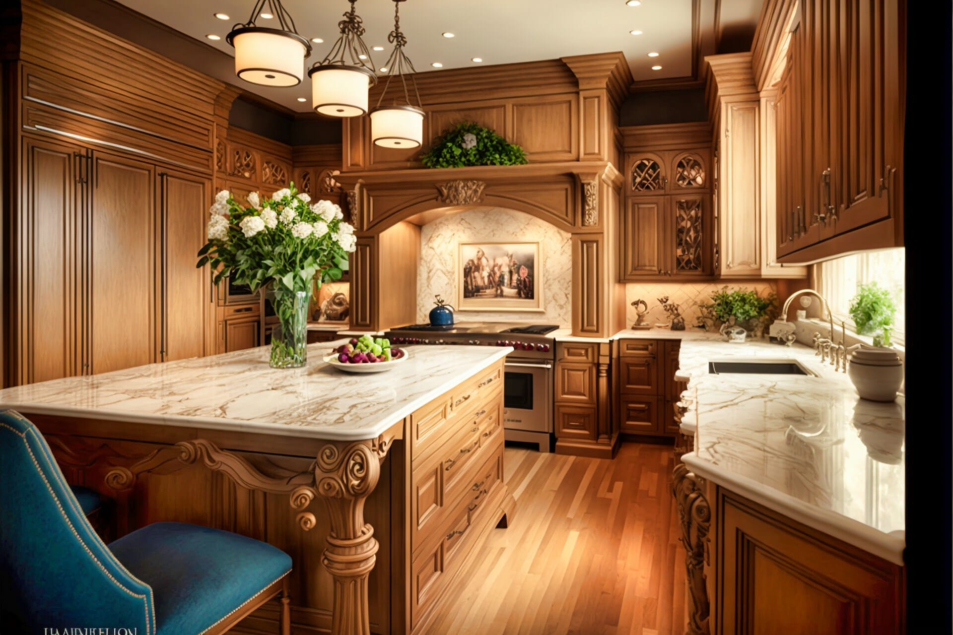 A Luxurious, Elegant Kitchen Featuring Light Oak Cabinetry, A Marble Backsplash, And A Large Marble-Topped Island.