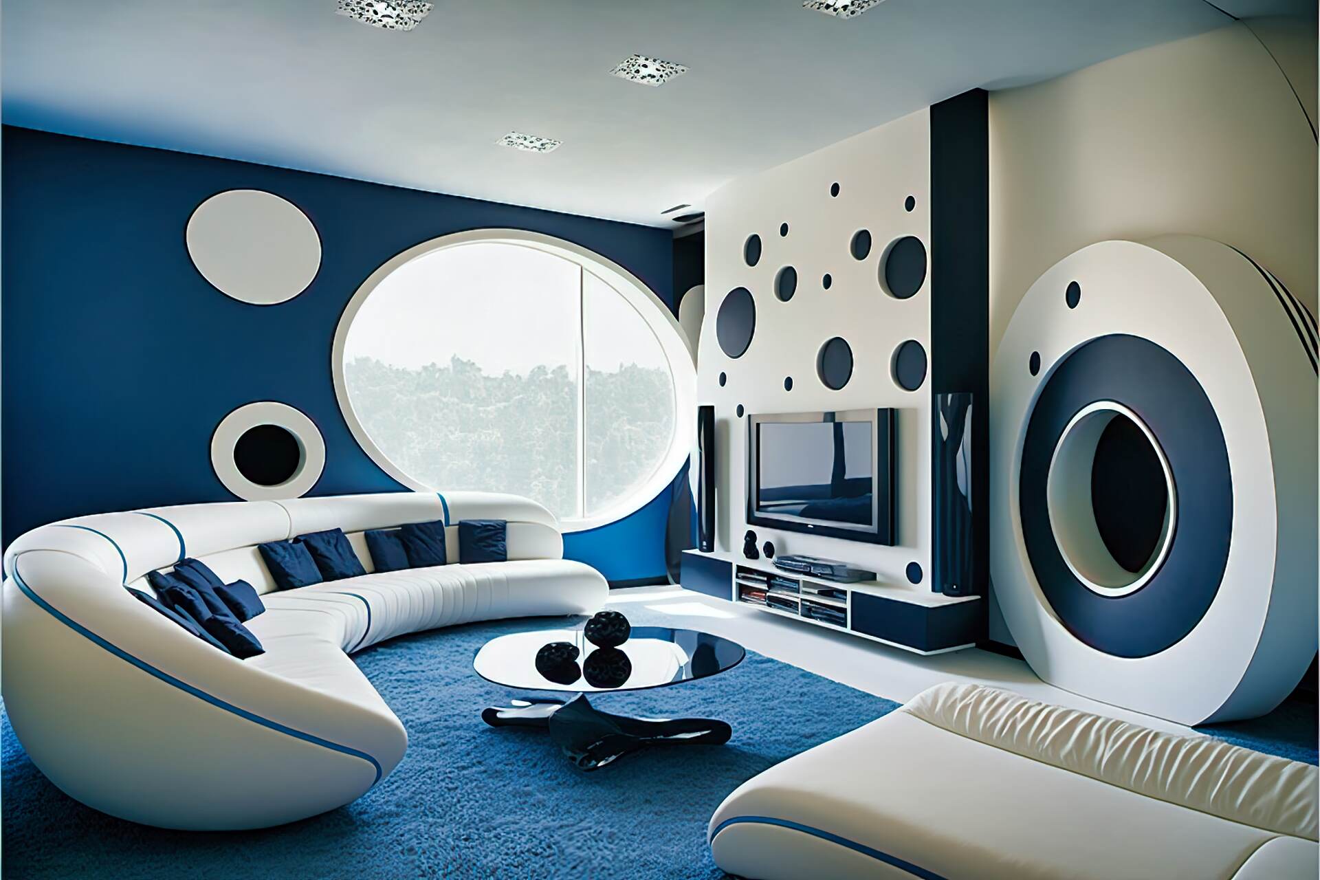 A Modern Living Room With A Futuristic Cosmic Feel. The Walls Are Painted A Deep Blue, With A Grey And Black Rug To Match. A Giant Flat-Screen Tv Is Mounted On The Wall, With A Sleek, Round Coffee Table In The Center. A White Modular Sofa Is Made Up Of Chaise Lounges And Armchairs. A Modern, Wall-Mounted Fireplace Adds A Cozy Feel. Brightly Coloured Throw Pillows In Blue And Black Add A Pop Of Colour.
