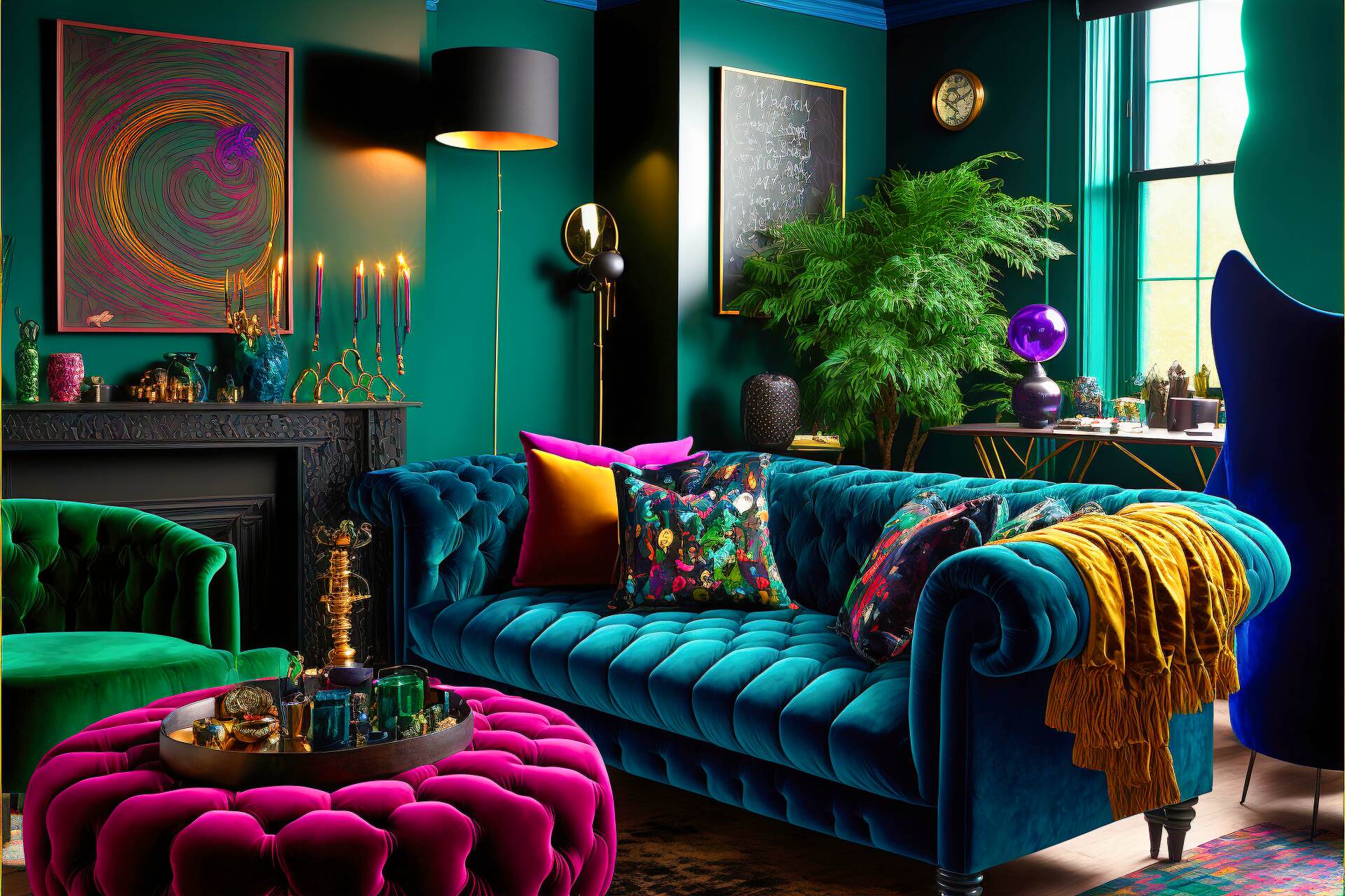 A Striking Maximalist Living Room With Flair - This Living Room Is A Vibrant Mix Of Bold Colors And Opulent Furnishings For A Modern Maximalist Dream Come True! Against The Deep Green Walls, An Eye-Catching Rainbow Palette Of Furniture And Accents Come Alive. On The Left Hand Side Rests An Impressive Forest Green Chesterfield Sofa With Bright Purple And Turquoise Pillows Atop. This Flashes Beautifully Against The Cream Velvet Armchair Centered Beneath A Luxurious Navy Blue And Gold Velvet Drapery. Further Brightening The Scene Are A Pair Of Mirrored And Chrome Side Tables, Dazzling Artwork And A Grand, Pearl-White Television Screen.