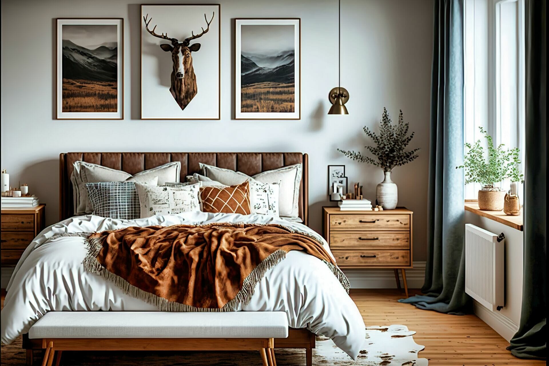 A Scandinavian Style Bedroom With Wood And Leather Accents – This Bedroom Is Decorated With A Mix Of Rustic And Refined Elements. The Walls Are A Light Grey, While The Bed Frame And Nightstand Are A Dark Wood. To Complete The Look, A White Leather Rug Lies On The Floor, And Art Prints With Wood And Leather Colors Hang On The Walls.