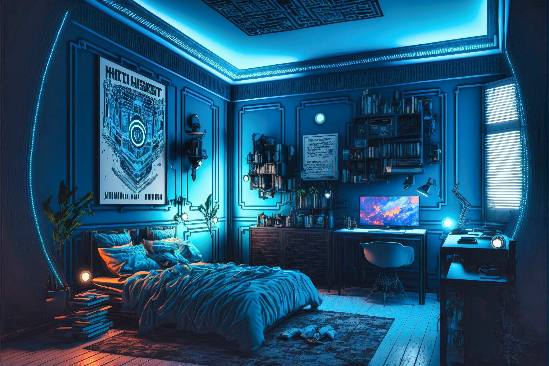 Bedroom With A Retro Cyberpunk Lounge Feel. The Walls Are Painted A Deep Electric Blue, With White Accents And Old-Fashioned Neon Lighting. The Center Of The Room Features A Large, Black Bed, With A Matching Bed Frame And Nightstands. The Lighting Is Low And Ambient, With A Light Strip Running Along The Walls, And A Retro Neon Bulb Providing The Main Lighting Source. The Floor Is An Industrial Tile With A Matte Finish.