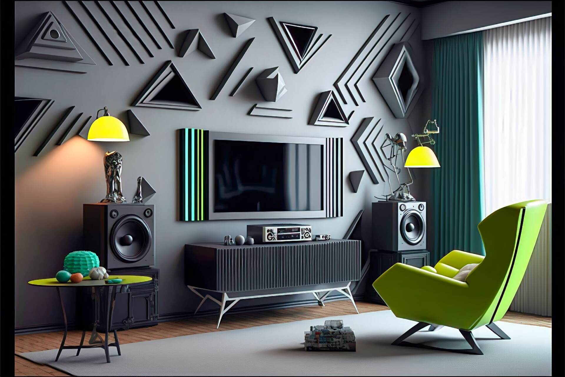 A Cyberpunk-Style Living Room With A Retro-Futuristic Feel. The Walls Are Painted A Cool Gray And Adorned With Vintage-Inspired Neon Lights In Various Shapes And Colors. The Furniture Is Made Up Of Angular And Geometric Pieces In A Monochromatic Color Scheme Of Black And Silver. A Large Flat Screen Tv Is Mounted On The Wall, Surrounded By More Neon Lights. A High-Tech Sound System And A Vintage-Inspired Gaming Console Complete The Look.