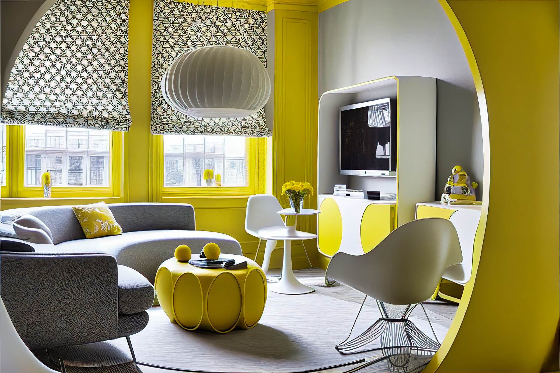 A Living Room With A Retro-Meets-Futuristic Vibe. Bright Yellow Walls Are Offset With A Grey And White Patterned Rug. A Round White Coffee Table Is Set In The Center, With A Vintage-Style Tv In The Corner. White Armchairs And A Bright Yellow Sofa Provide Plenty Of Seating. A Mod-Style Pendant Lamp Hangs From The Ceiling, With A Sleek Silver Floor Lamp Nearby.