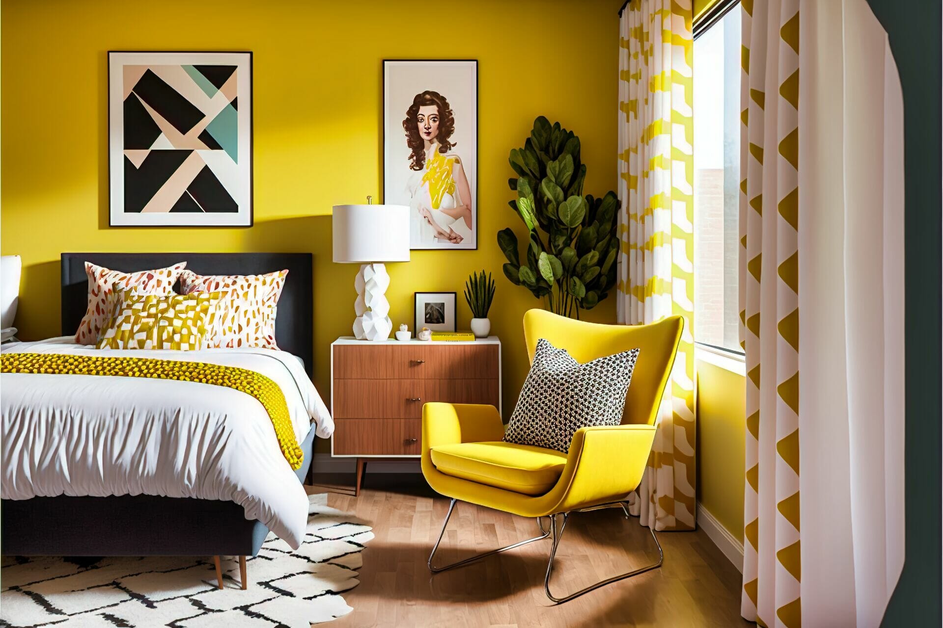 Mid-Century Modern Bedroom – A Retro Modern Bedroom Featuring A Bold Graphic Bedspread, A Vintage-Inspired Armchair, And A Bright Yellow Accent Wall.