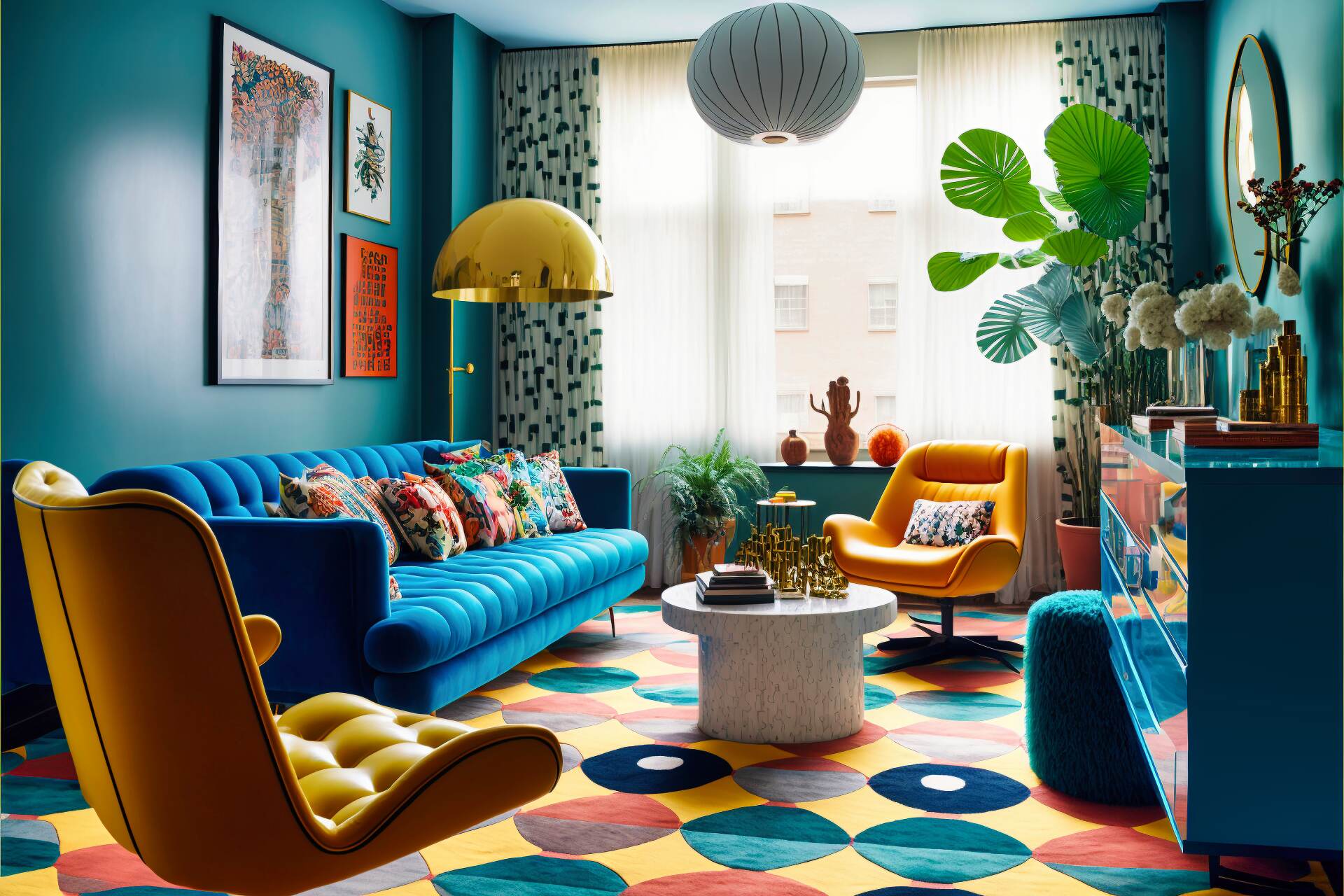 Artistic And Vibrant Living Room - Bringing Elements Of The 1970S Into The Modern-Day Is This Lively Maximalist Living Room. Armchairs And A Retro Sofa Of The Same Vibrant Hue Provide Seating, While A Geometric Patterned Rug Adds Flair To The Floor. Key Elements Such As A Unique Chandelier, Wall Art, And A Plant-Filled Corner Create An Artistic Energy While A Wood-Framed Flat-Screen Tv Adds Practical Functionality.