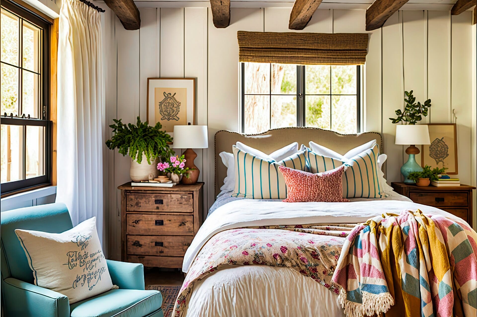 Cottage Style Bedroom With A Charming And Rustic Feel, Thanks To The Exposed Beam Ceiling And Rough Hewn Wood Paneled Walls. A Queen Size Bed With A Simple Wood Headboard Is Dressed In A Cozy White Comforter, And A Collection Of Patterned Throw Pillows Add A Pop Of Color. A Matching Wood Nightstand With A Brass Lamp Sits Beside The Bed, And A Comfy Armchair In A Neutral Fabric Provides A Relaxing Seating Option. A Braided Rug In Shades Of Blue And White Anchors The Space, And A Collection Of Framed Vintage Maps Adds A Touch Of History.